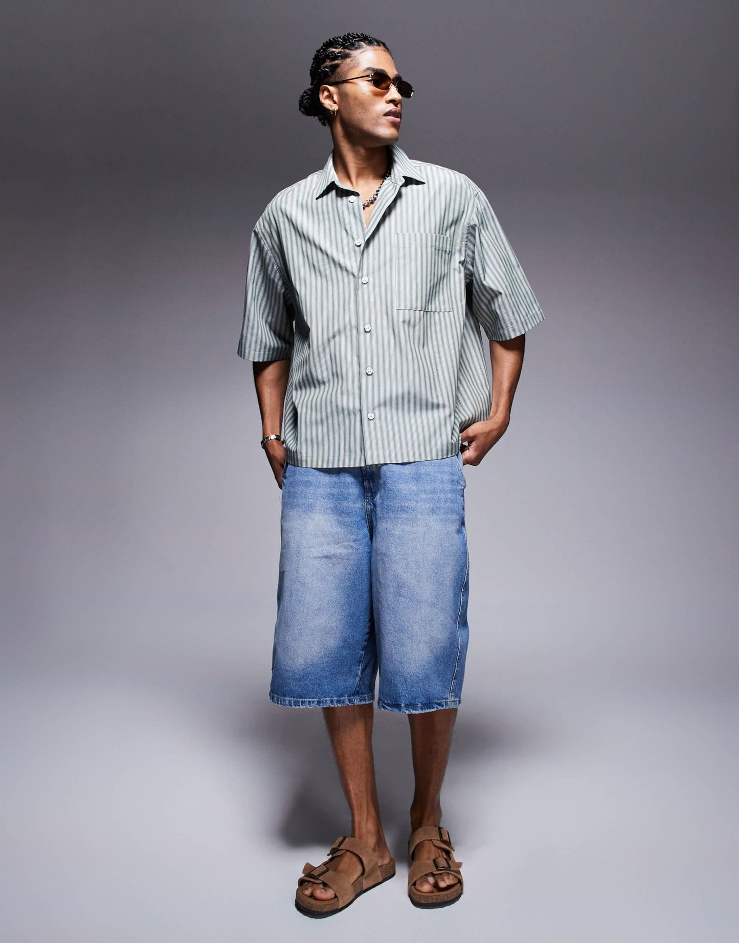 ASOS DESIGN oversized half sleeve stripe shirt in green - ASOS Sample Sale