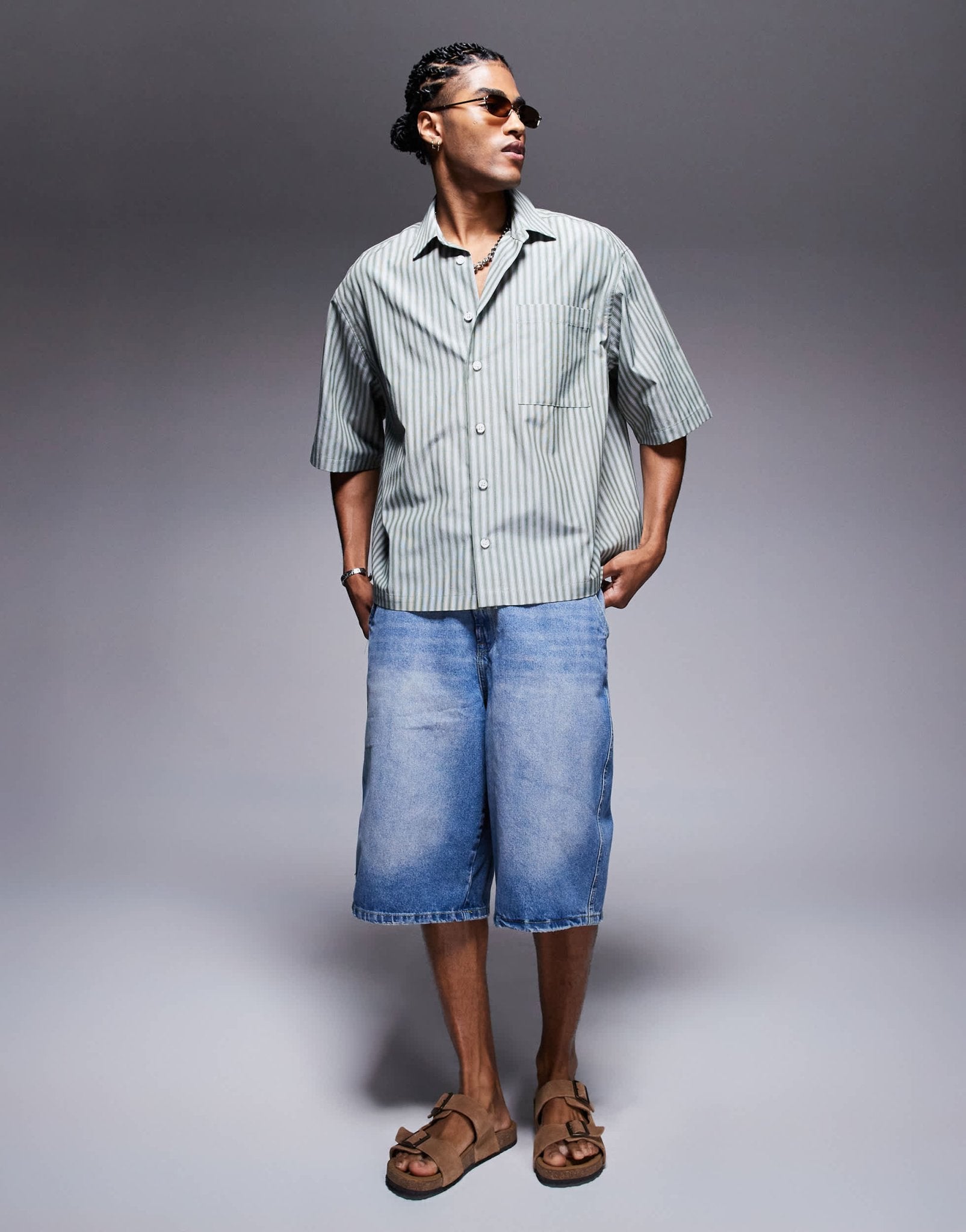 ASOS DESIGN oversized half sleeve stripe shirt in green - ASOS Sample Sale