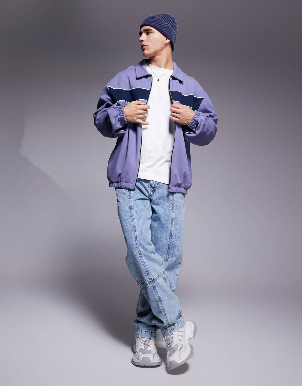 ASOS DESIGN oversized harrington track jacket with panels in blue - BROWN - ASOS Sample Sale