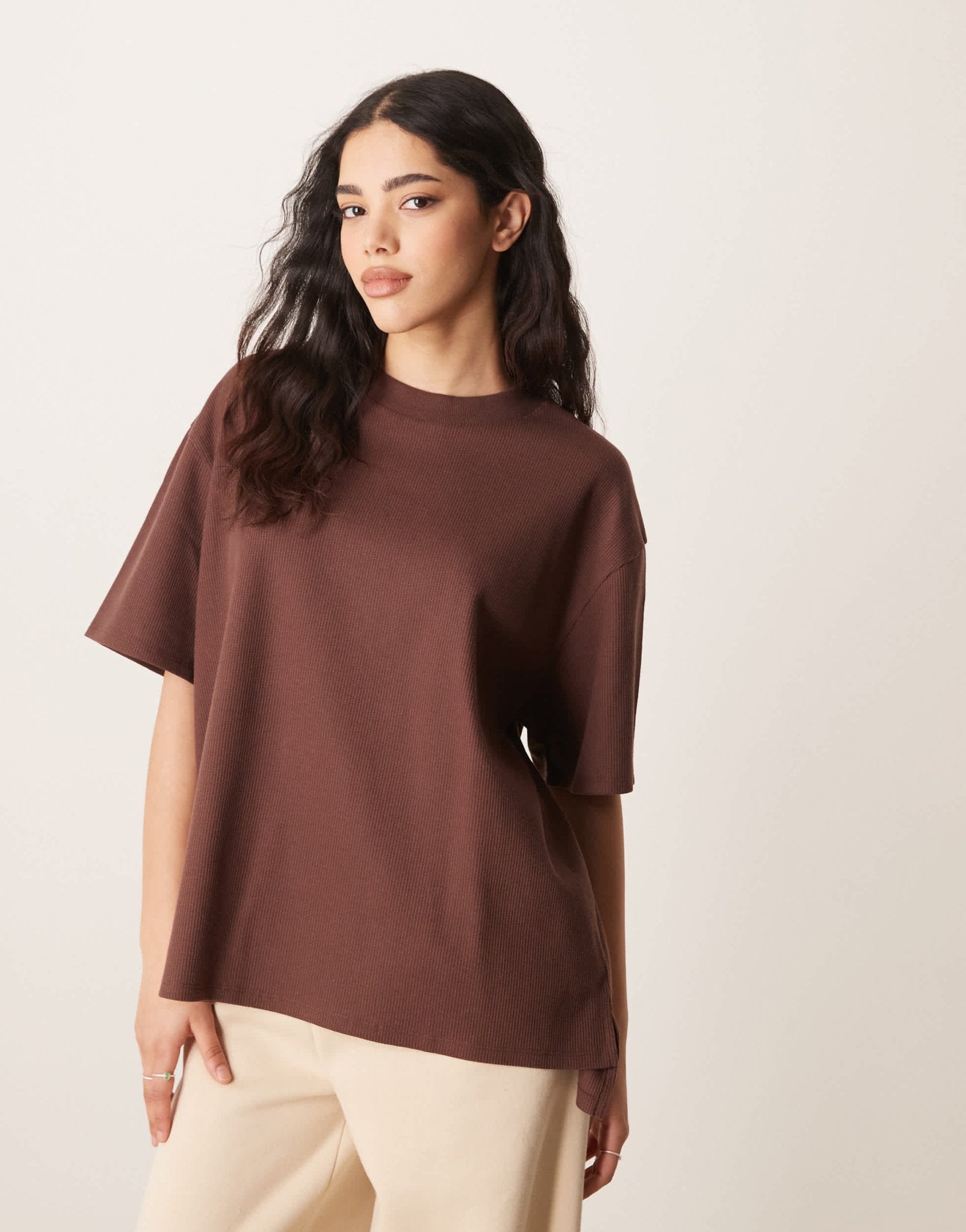 ASOS DESIGN oversized heavy weight t-shirt with side splits in waffle in chocolate - ASOS Sample Sale