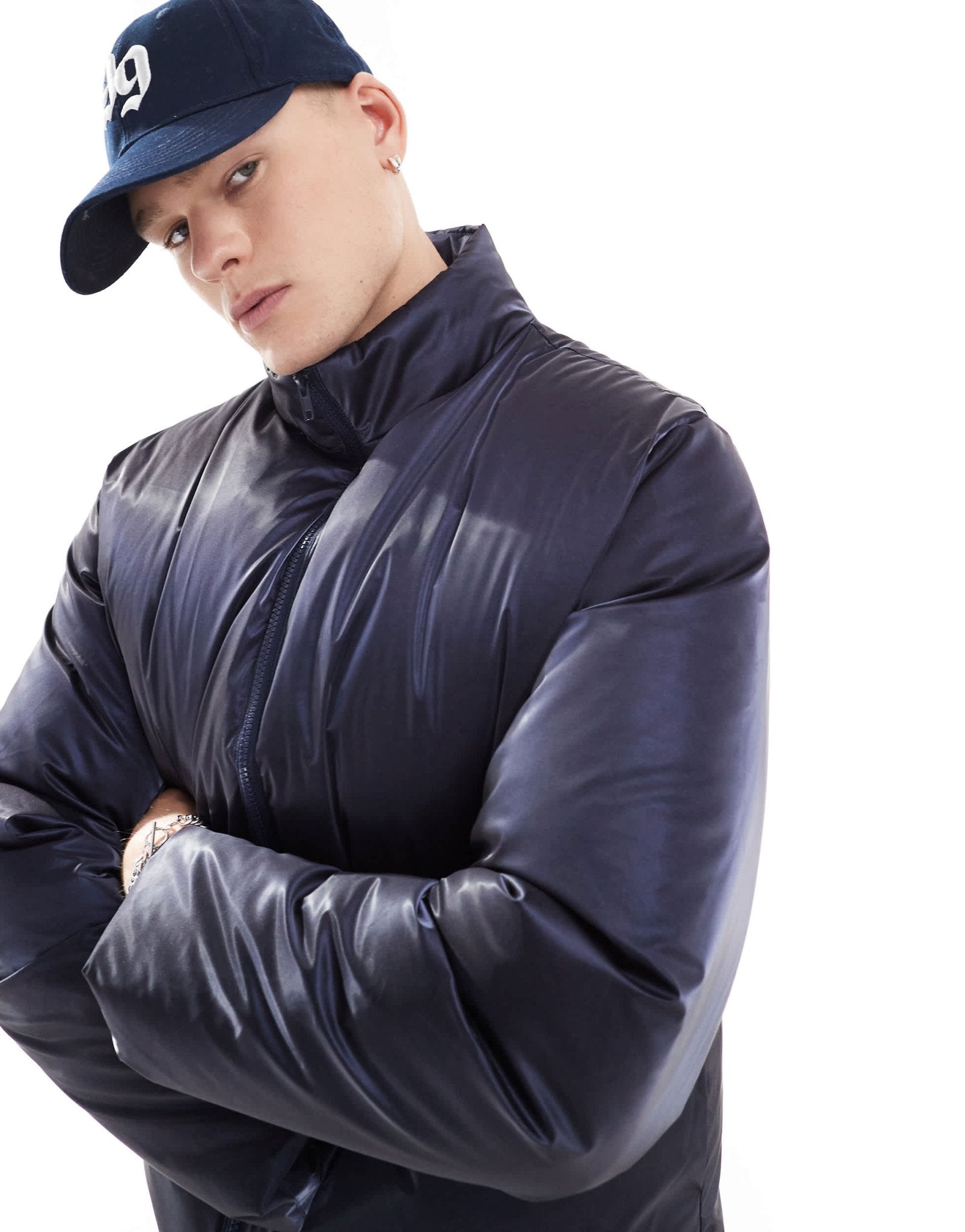 ASOS DESIGN oversized high shine puffer jacket in navy - ASOS Sample Sale