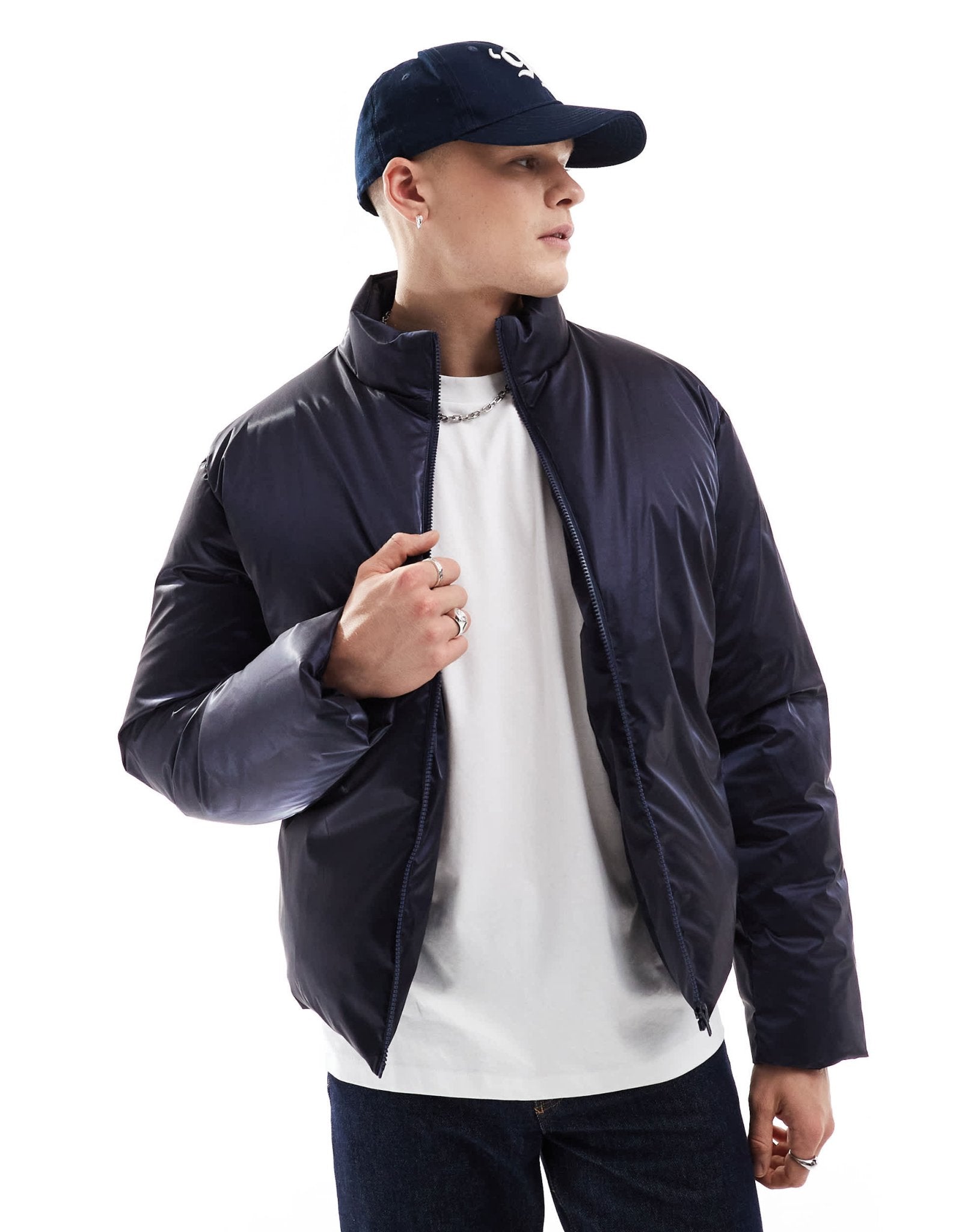 ASOS DESIGN oversized high shine puffer jacket in navy - ASOS Sample Sale