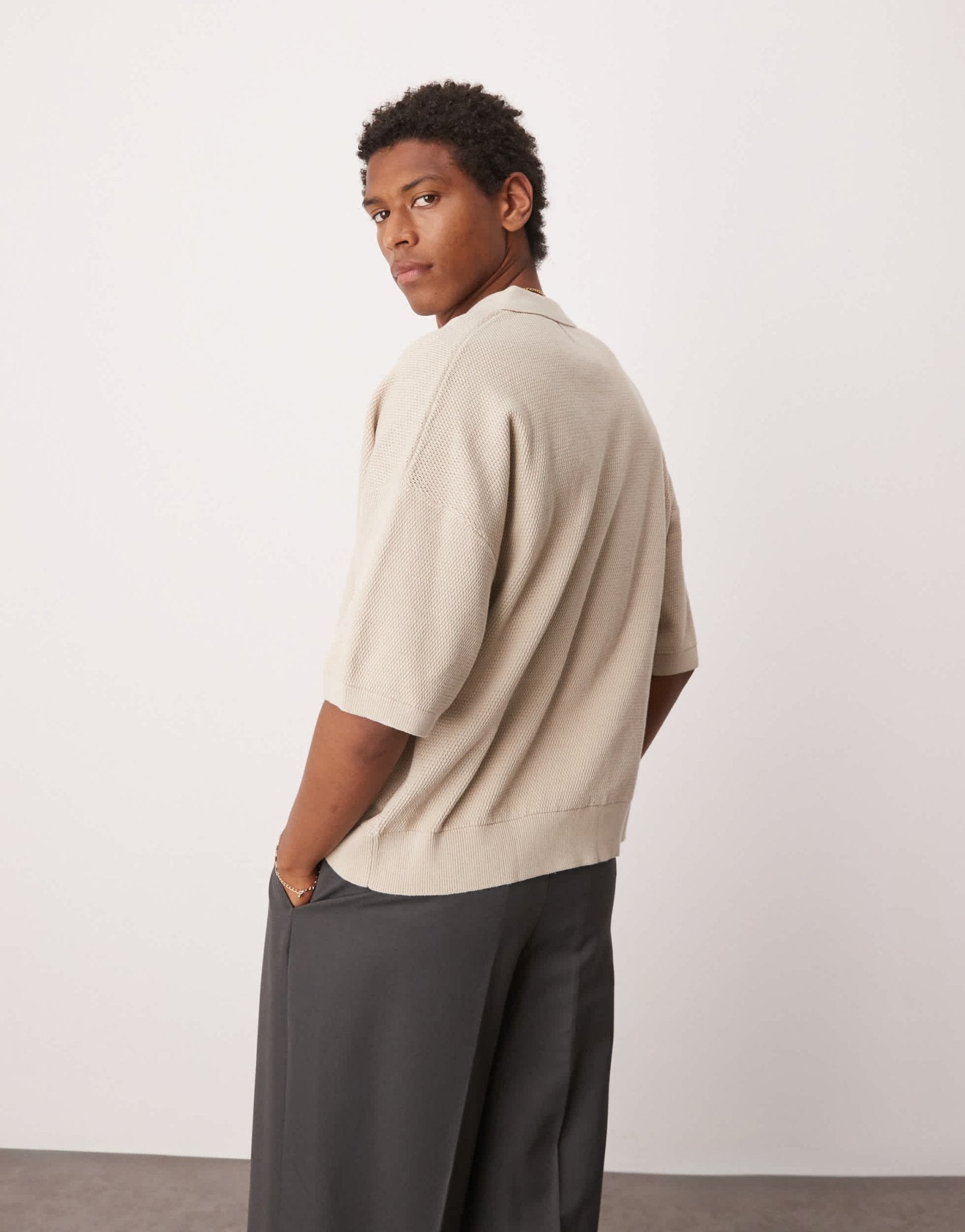 ASOS DESIGN oversized knitted notch neck polo in ecru - ASOS Sample Sale