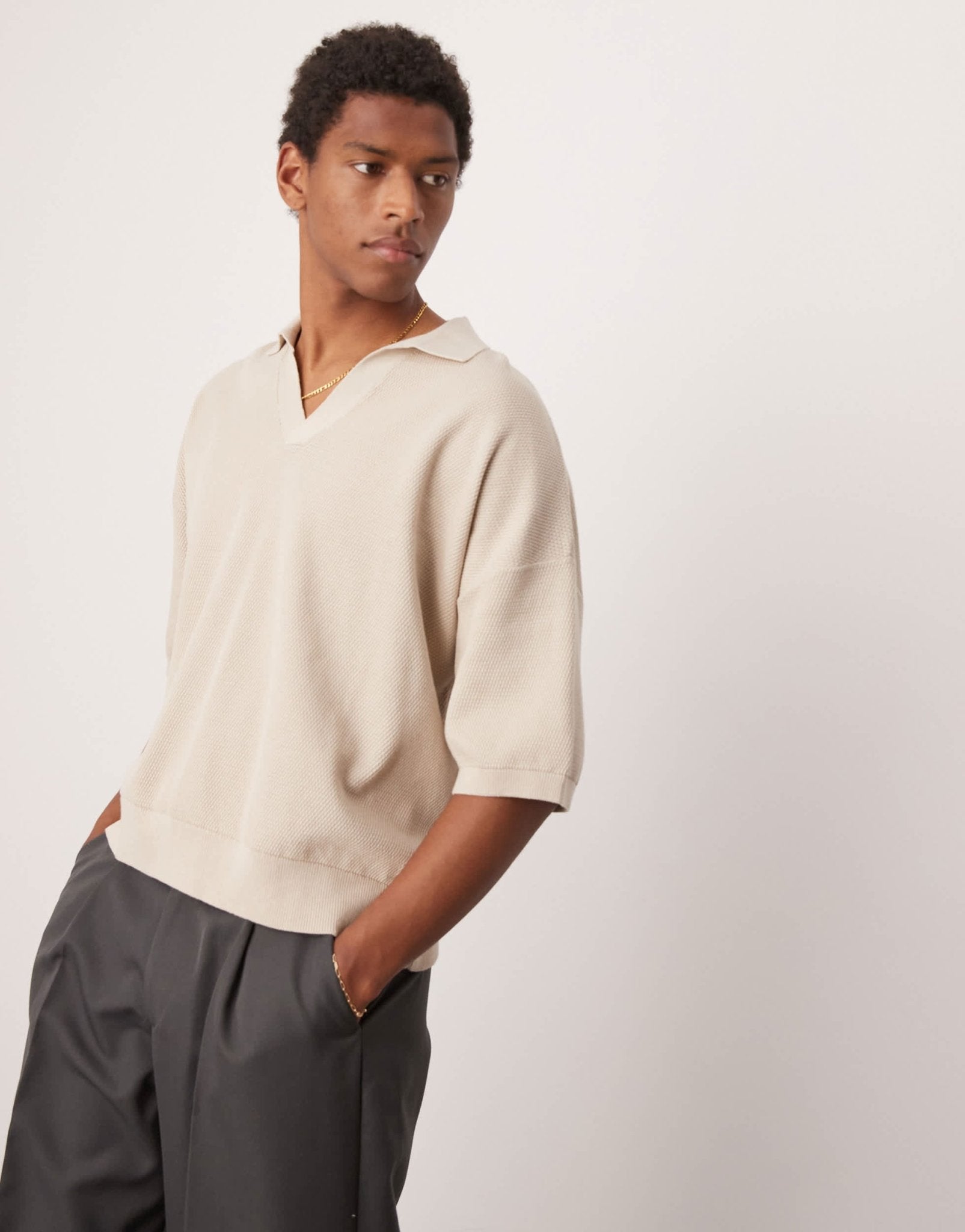 ASOS DESIGN oversized knitted notch neck polo in ecru - ASOS Sample Sale