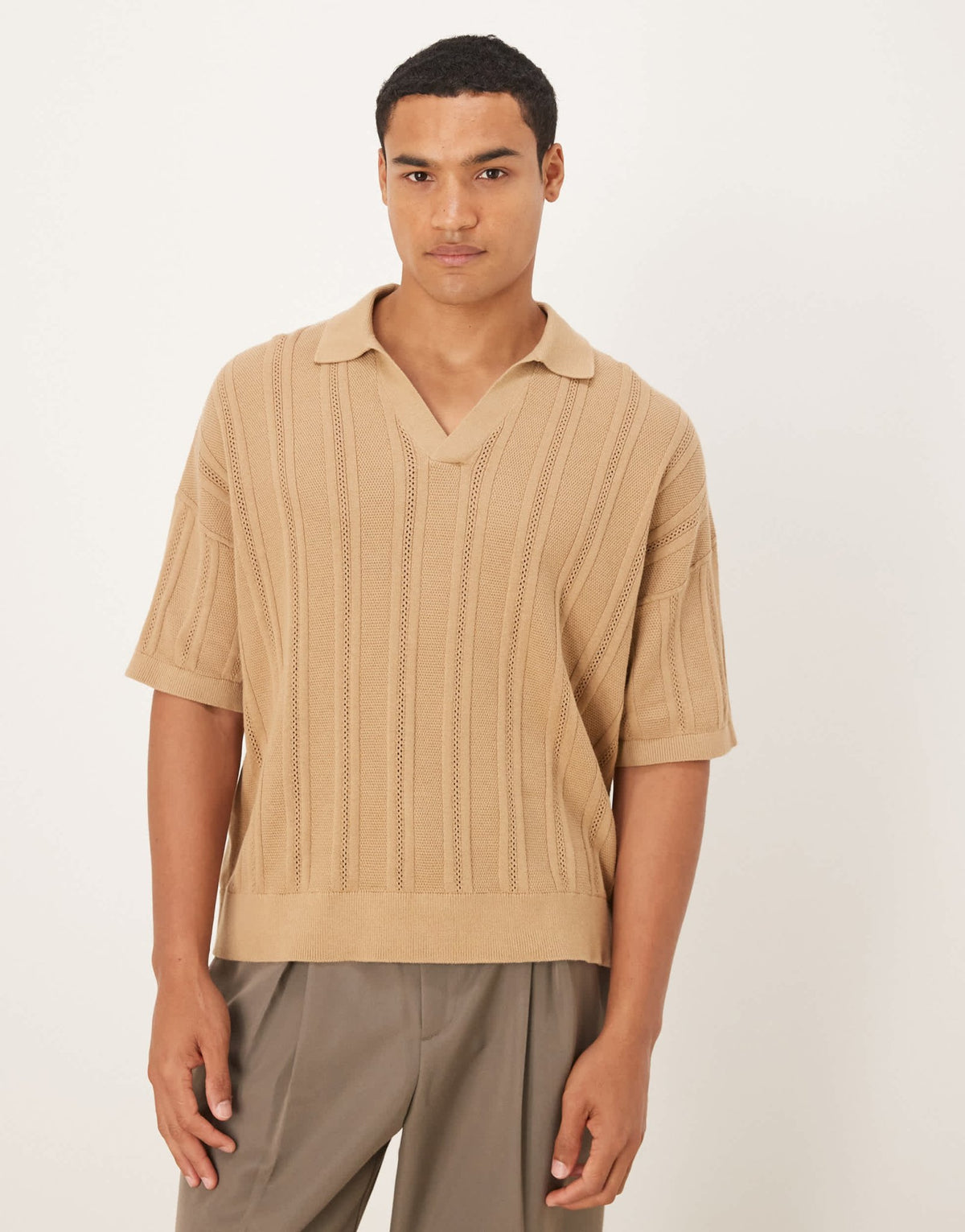 ASOS DESIGN oversized knitted rib notch neck polo in beige - ASOS Sample Sale