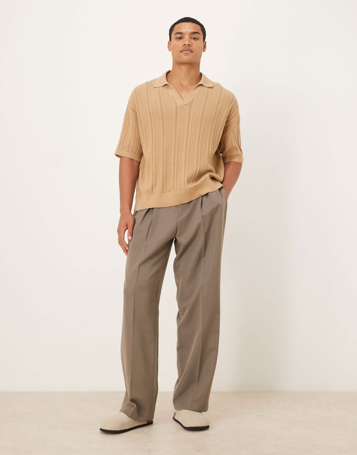 ASOS DESIGN oversized knitted rib notch neck polo in beige - ASOS Sample Sale
