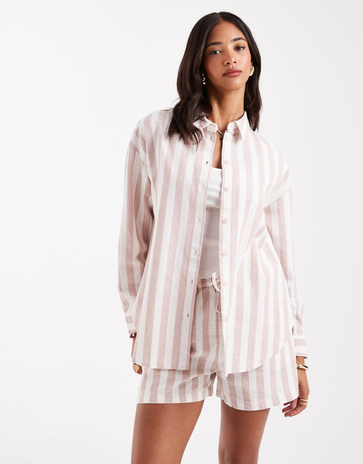ASOS DESIGN oversized linen look shirt co-ord in mink stripe - ASOS Sample Sale