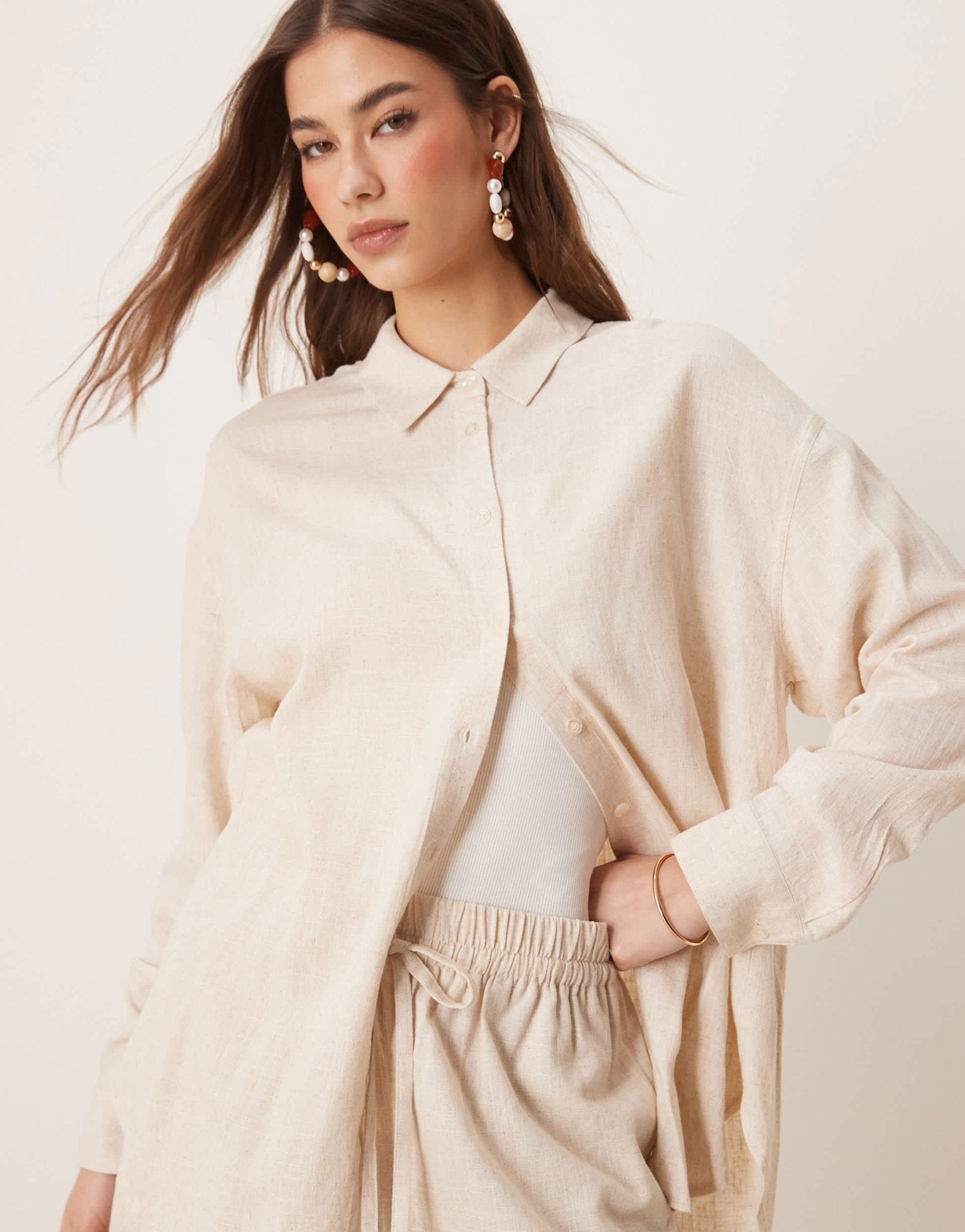 ASOS DESIGN oversized linen look shirt co - ord in natural - ASOS Sample Sale