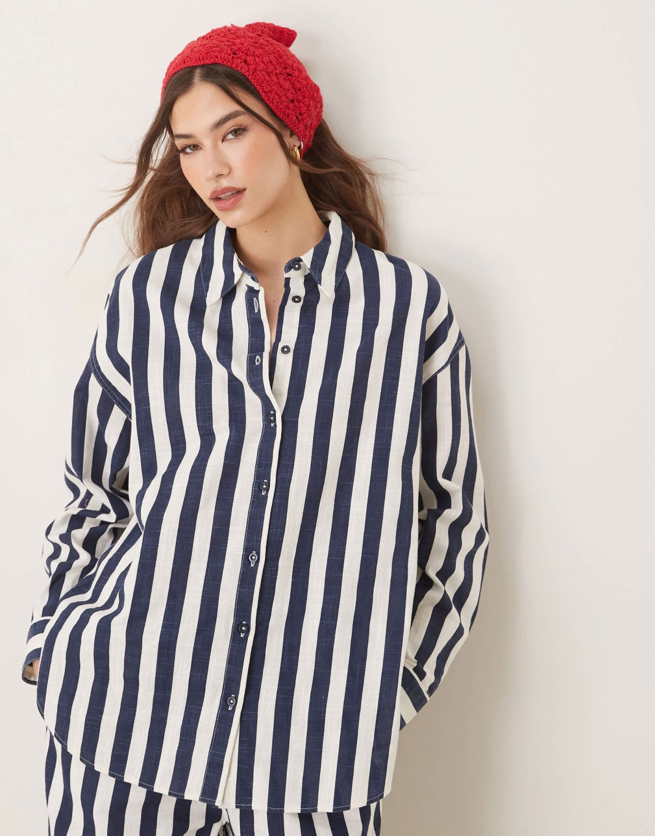 ASOS DESIGN oversized linen look shirt co - ord in navy stripe - ASOS Sample Sale