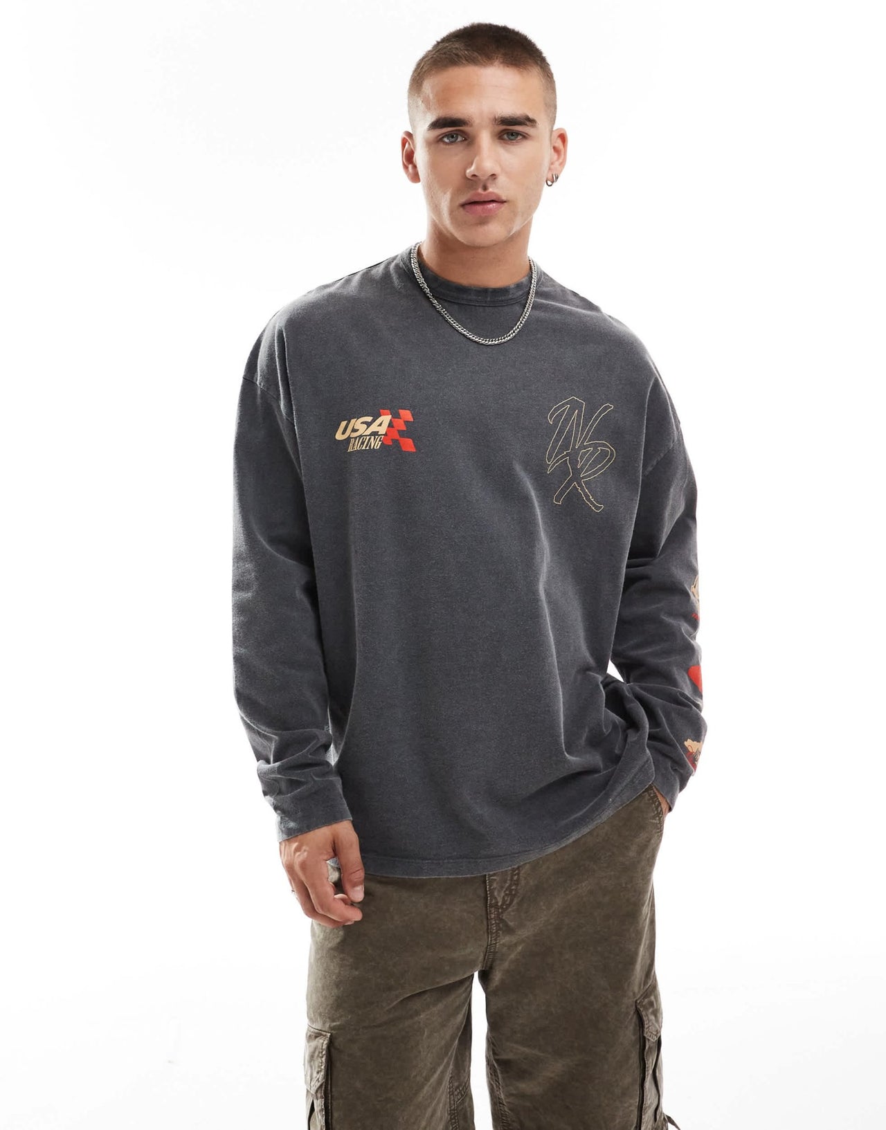 ASOS DESIGN oversized long sleeve t-shirt with racing chest and back print in washed black - ASOS Sample Sale