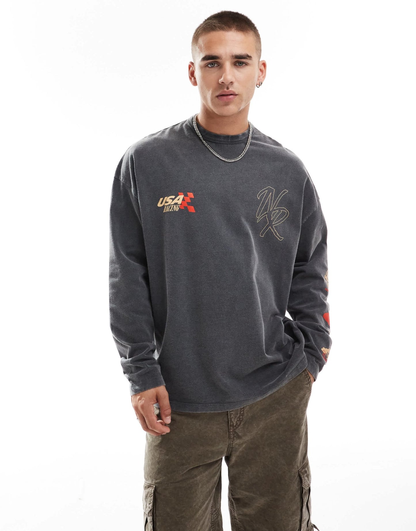 ASOS DESIGN oversized long sleeve t-shirt with racing chest and back print in washed black - ASOS Sample Sale