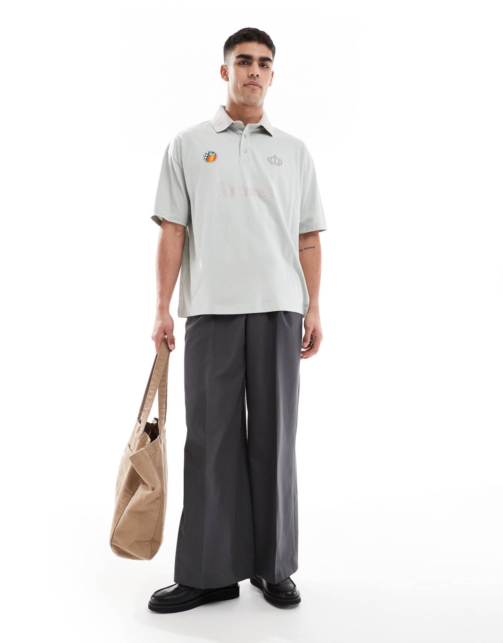 ASOS DESIGN oversized polo with text graphic in grey - ASOS Sample Sale