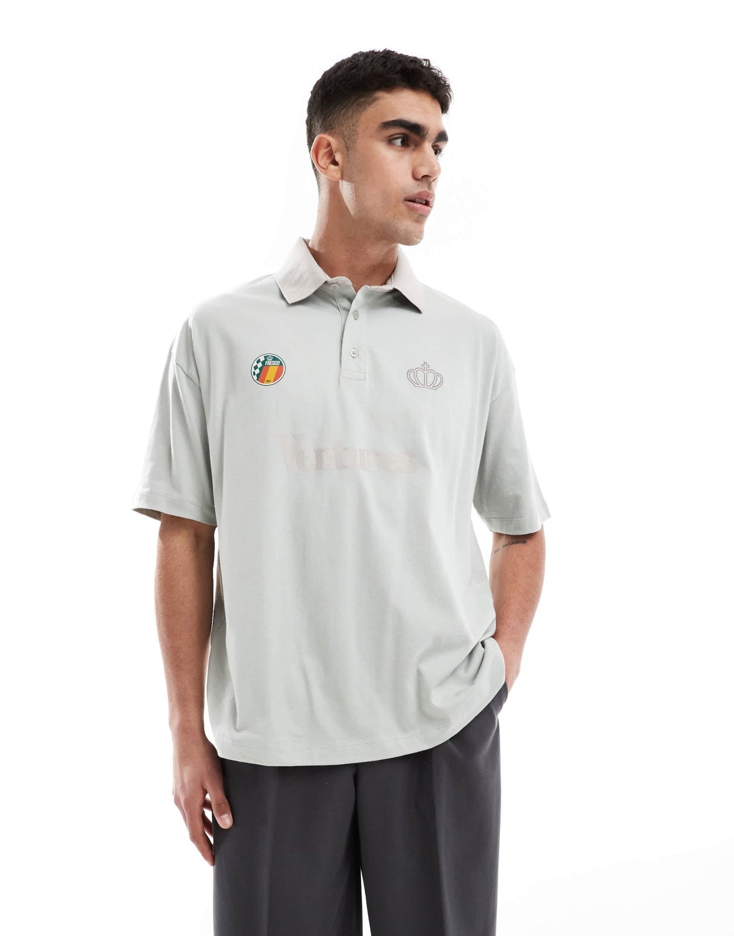 ASOS DESIGN oversized polo with text graphic in grey - ASOS Sample Sale