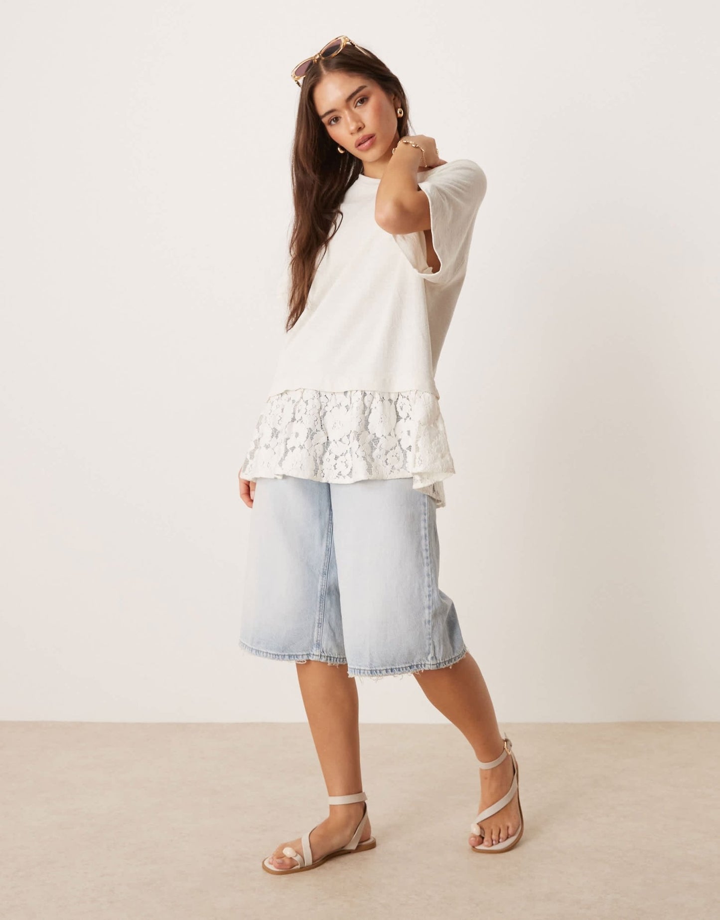 ASOS DESIGN oversized raglan t-shirt with lace hem detail in cream - ASOS Sample Sale