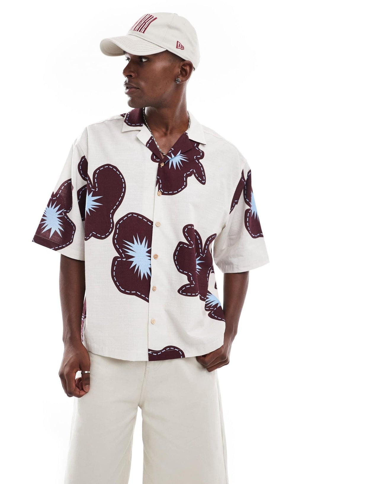 ASOS DESIGN oversized shirt with half sleeve in cream flower print - ASOS Sample Sale