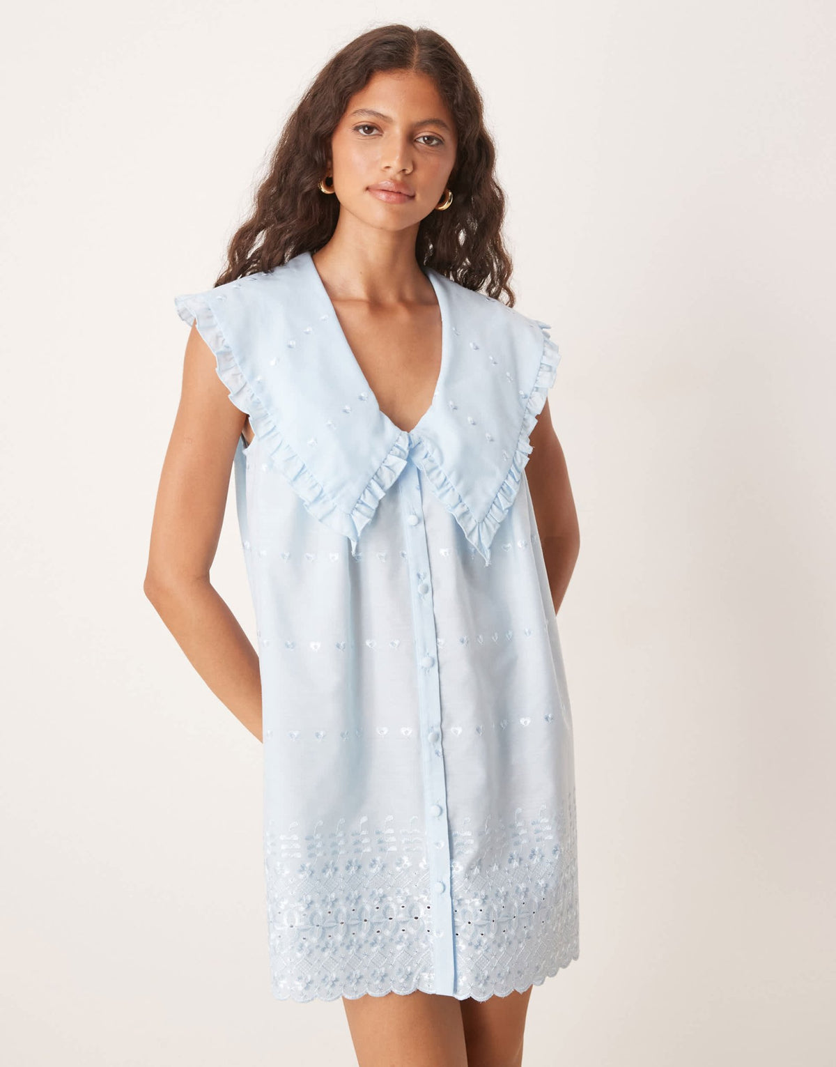 ASOS DESIGN oversized sleeveless collar shirt dress in blue broderie - ASOS Sample Sale