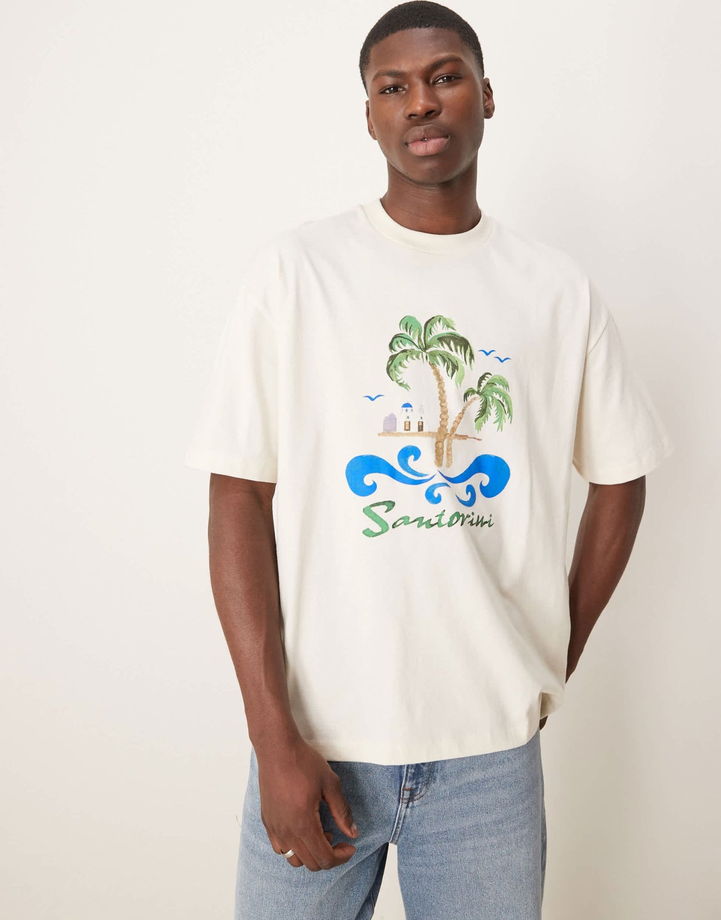 ASOS DESIGN oversized t-shirt with palm tree chest print in cream - ASOS Sample Sale