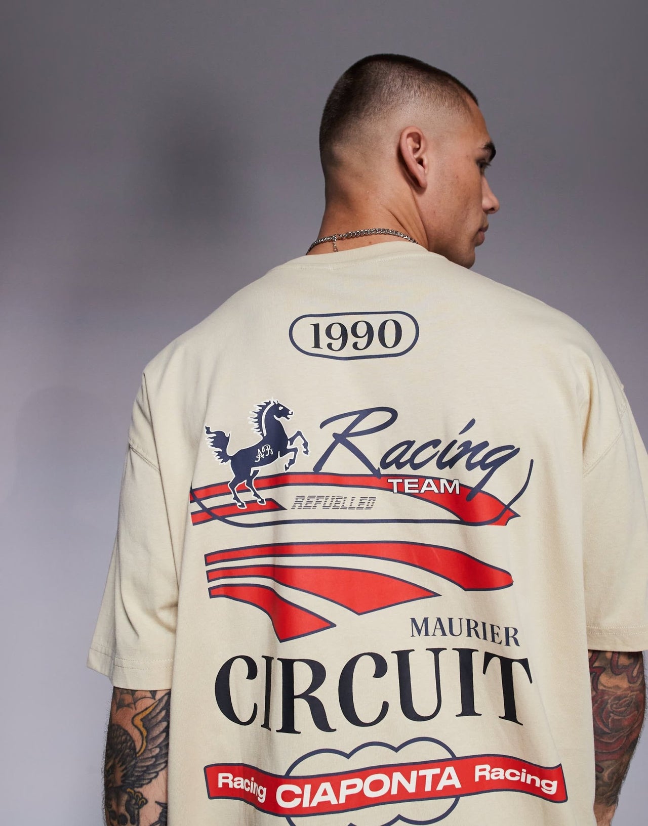 ASOS DESIGN oversized t-shirt with racing graphic in beige - ASOS Sample Sale