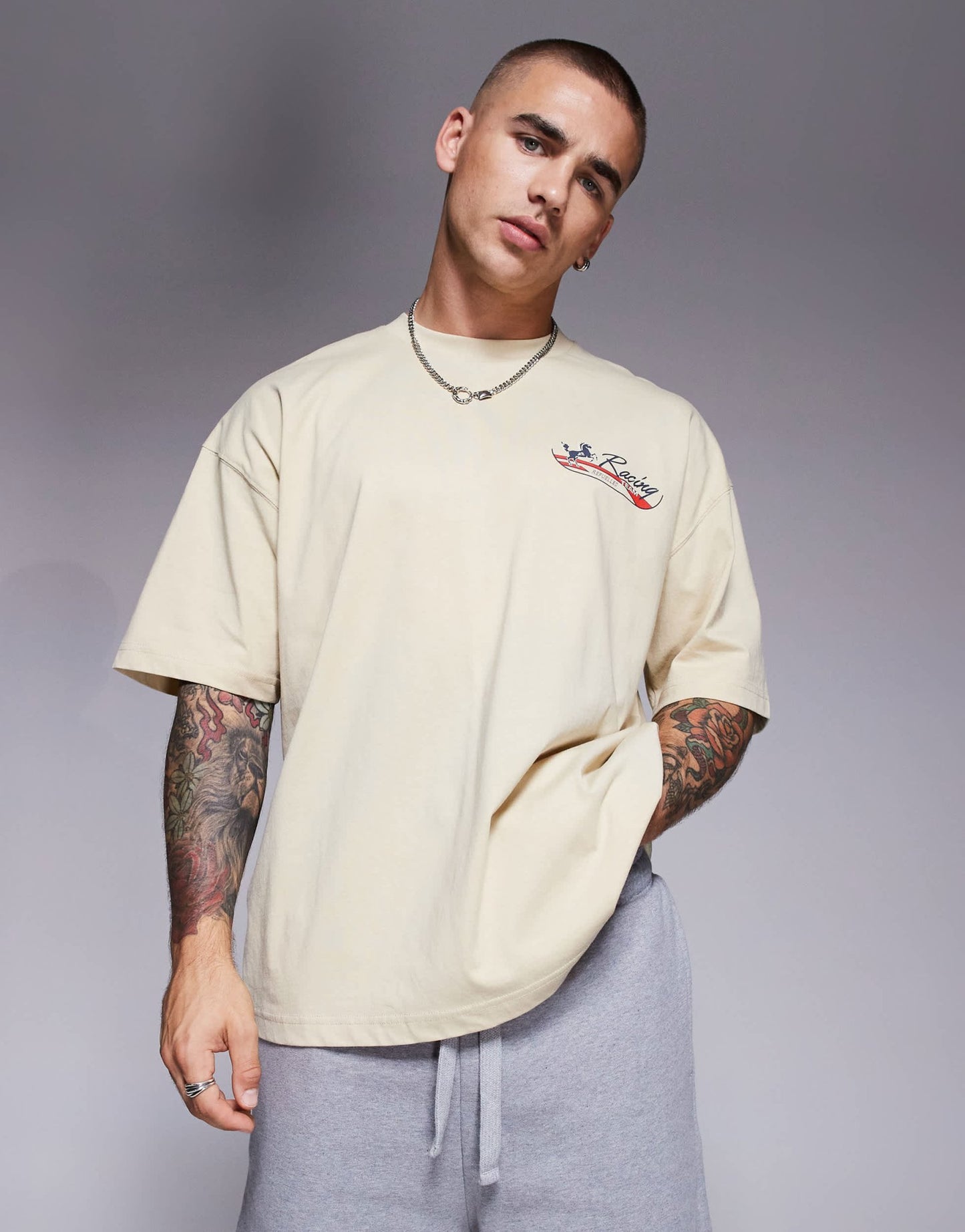 ASOS DESIGN oversized t-shirt with racing graphic in beige - ASOS Sample Sale