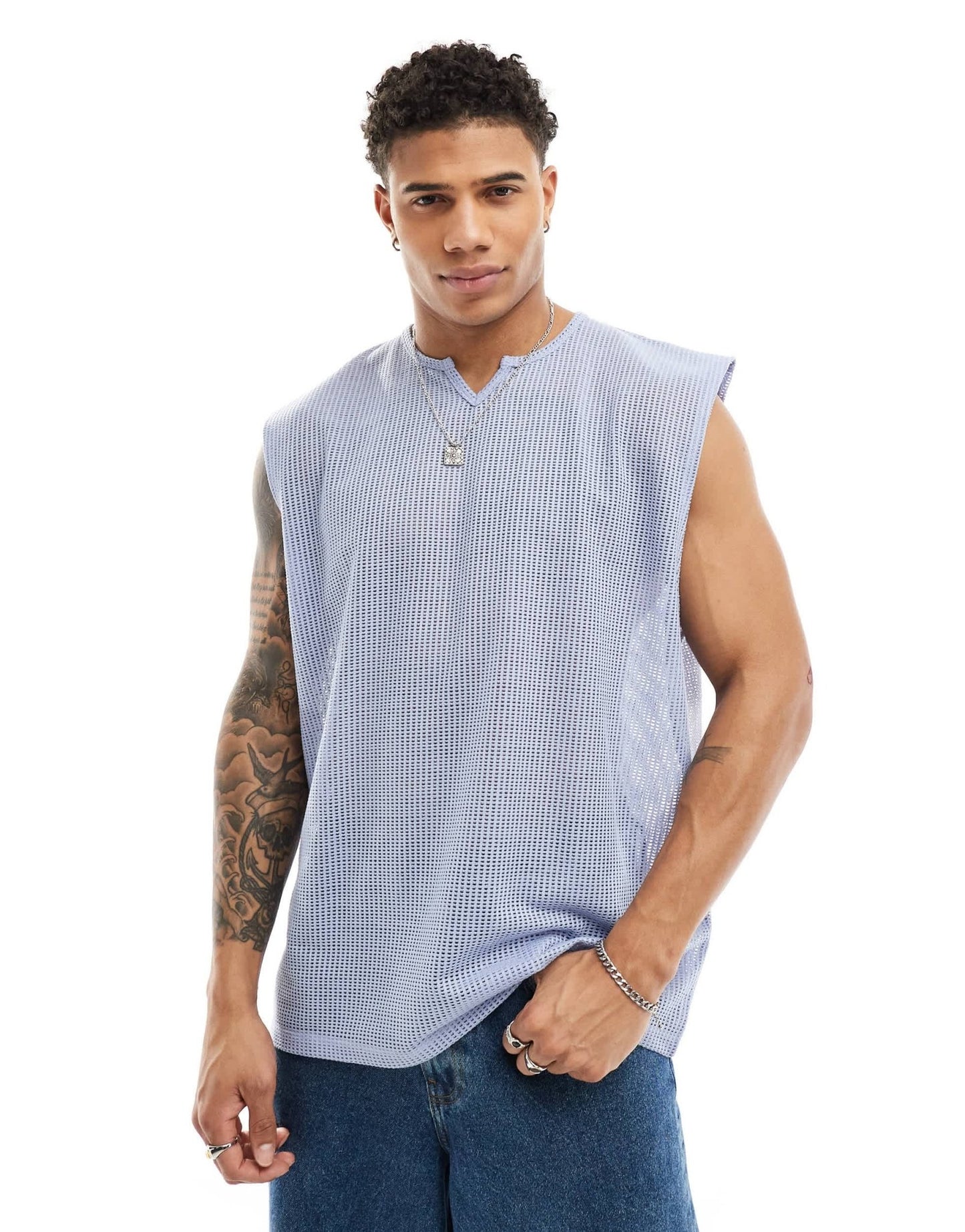 ASOS DESIGN oversized tank vest with notch neck in blue texture - ASOS Sample Sale
