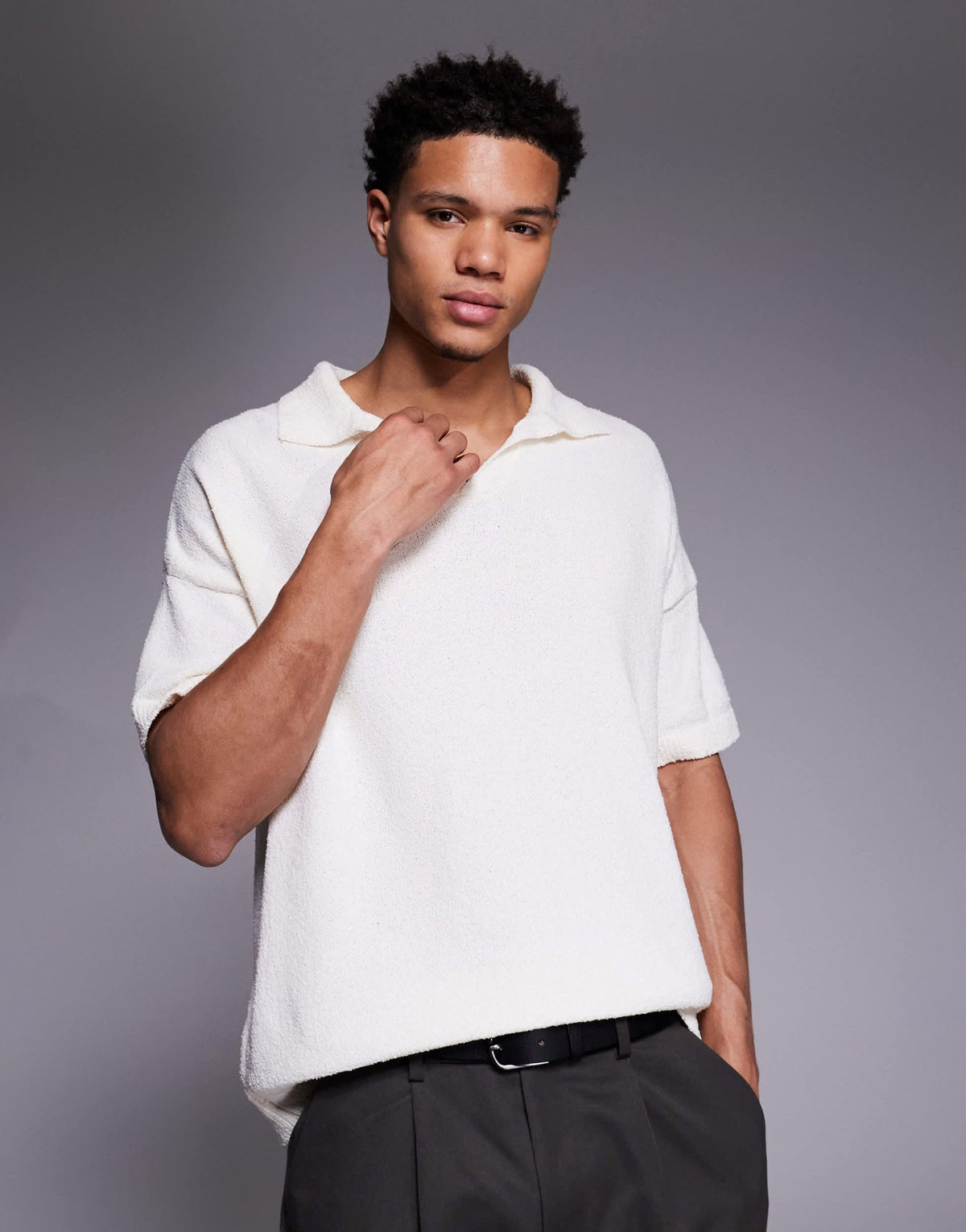 ASOS DESIGN oversized textured knitted notch neck polo in ecru - ASOS Sample Sale