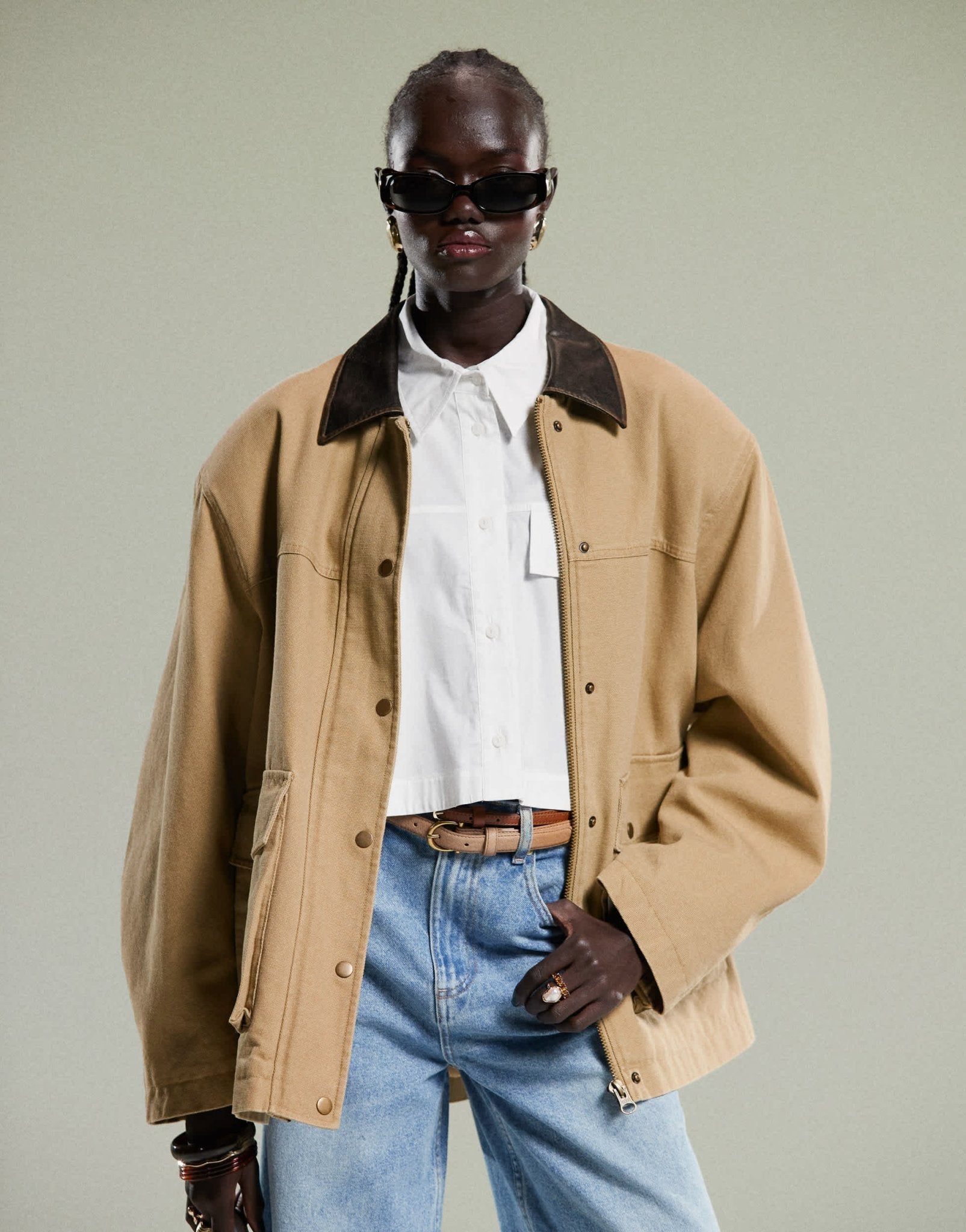 ASOS DESIGN oversized washed jacket with leather look collar in stone - ASOS Sample Sale