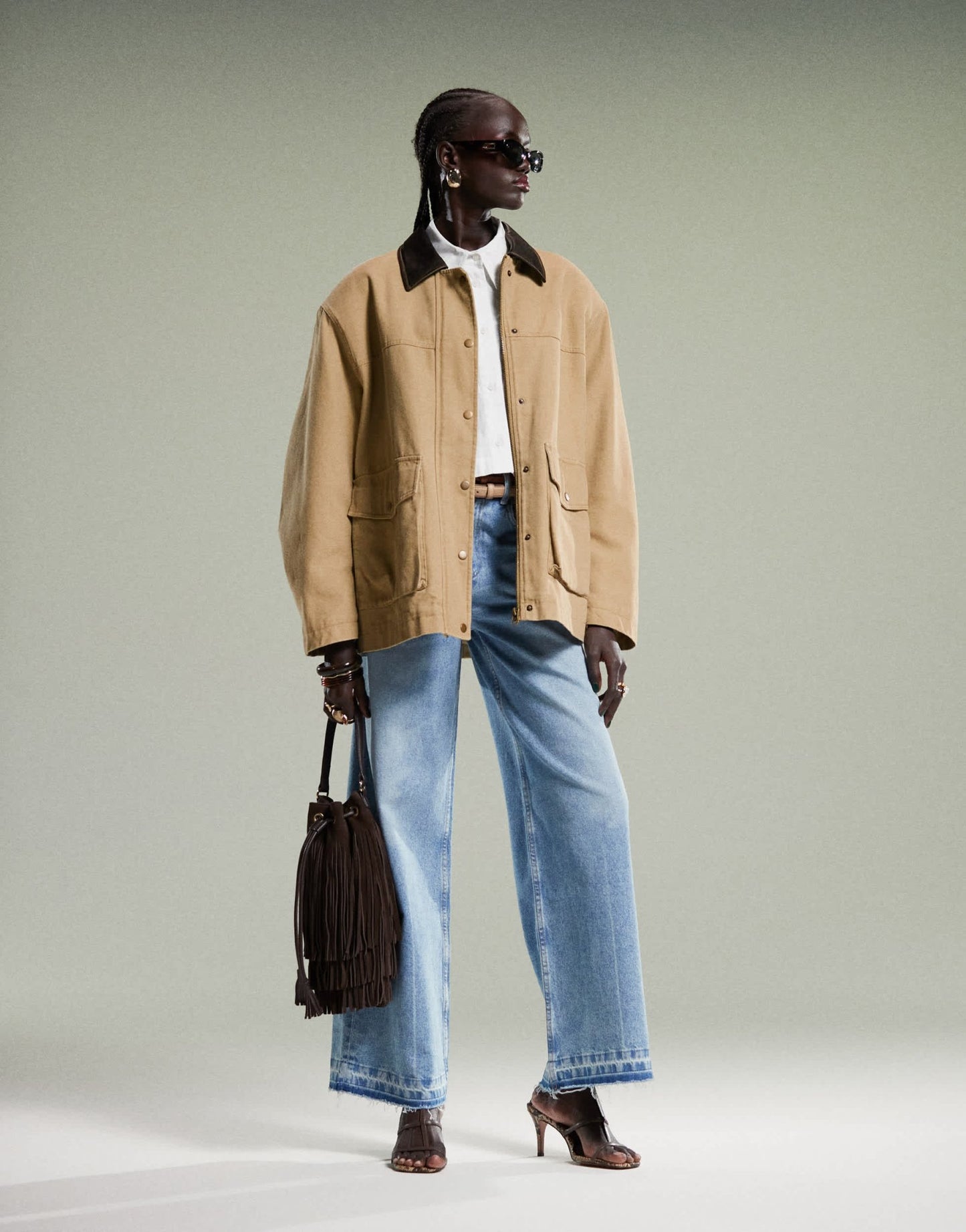 ASOS DESIGN oversized washed jacket with leather look collar in stone - ASOS Sample Sale