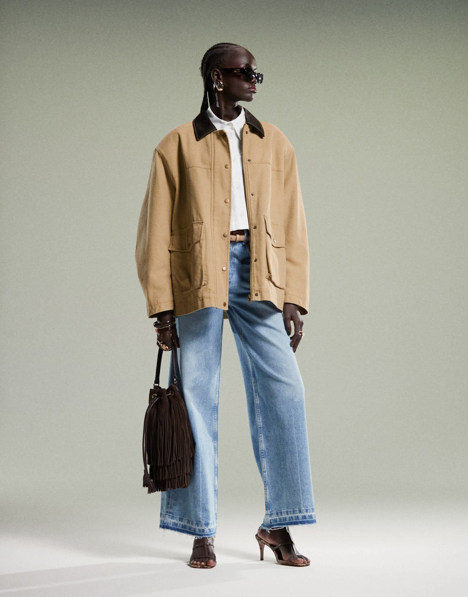ASOS DESIGN oversized washed jacket with leather look collar in stone - ASOS Sample Sale