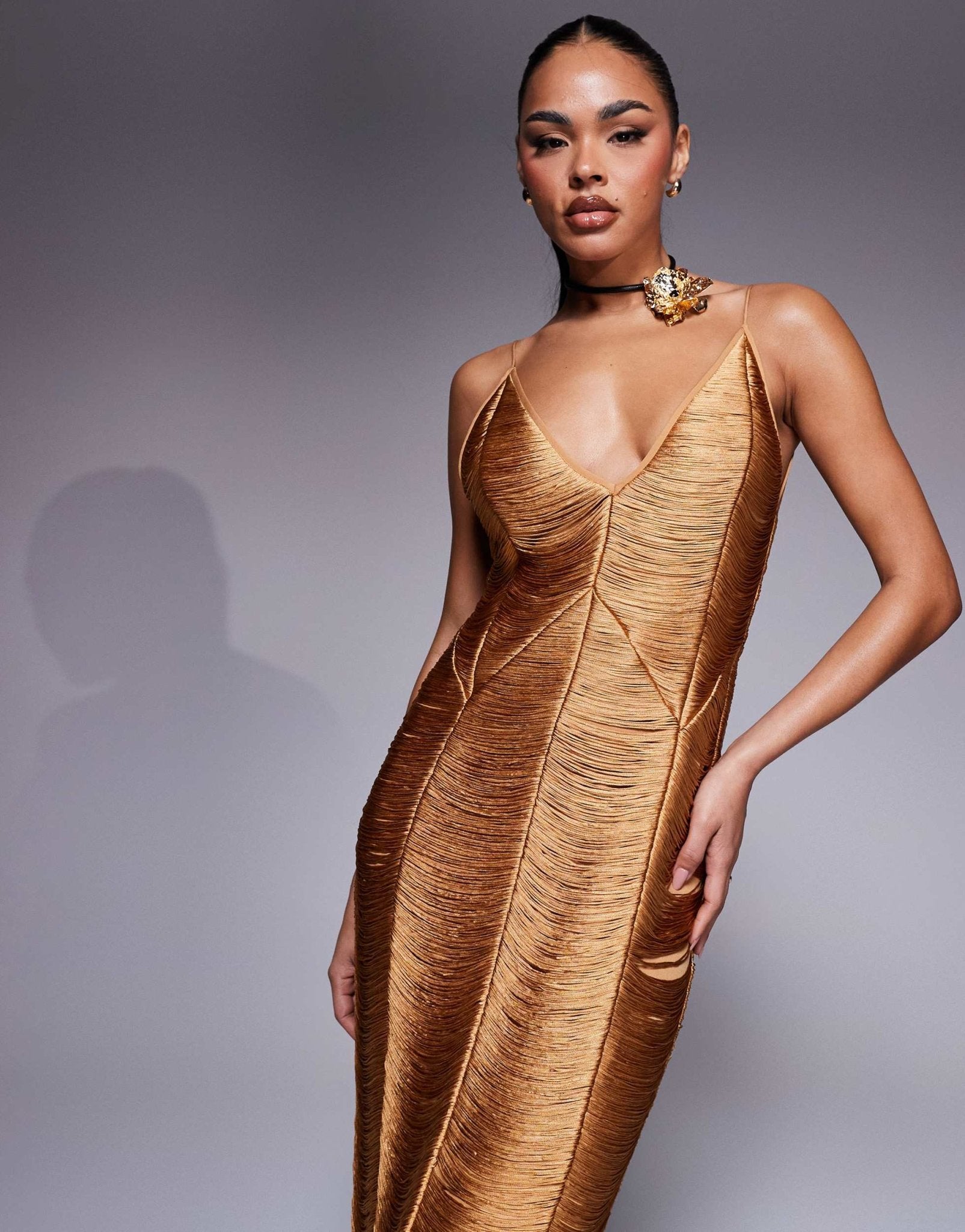 ASOS DESIGN panelled cami fringe maxi dress in gold - ASOS Sample Sale