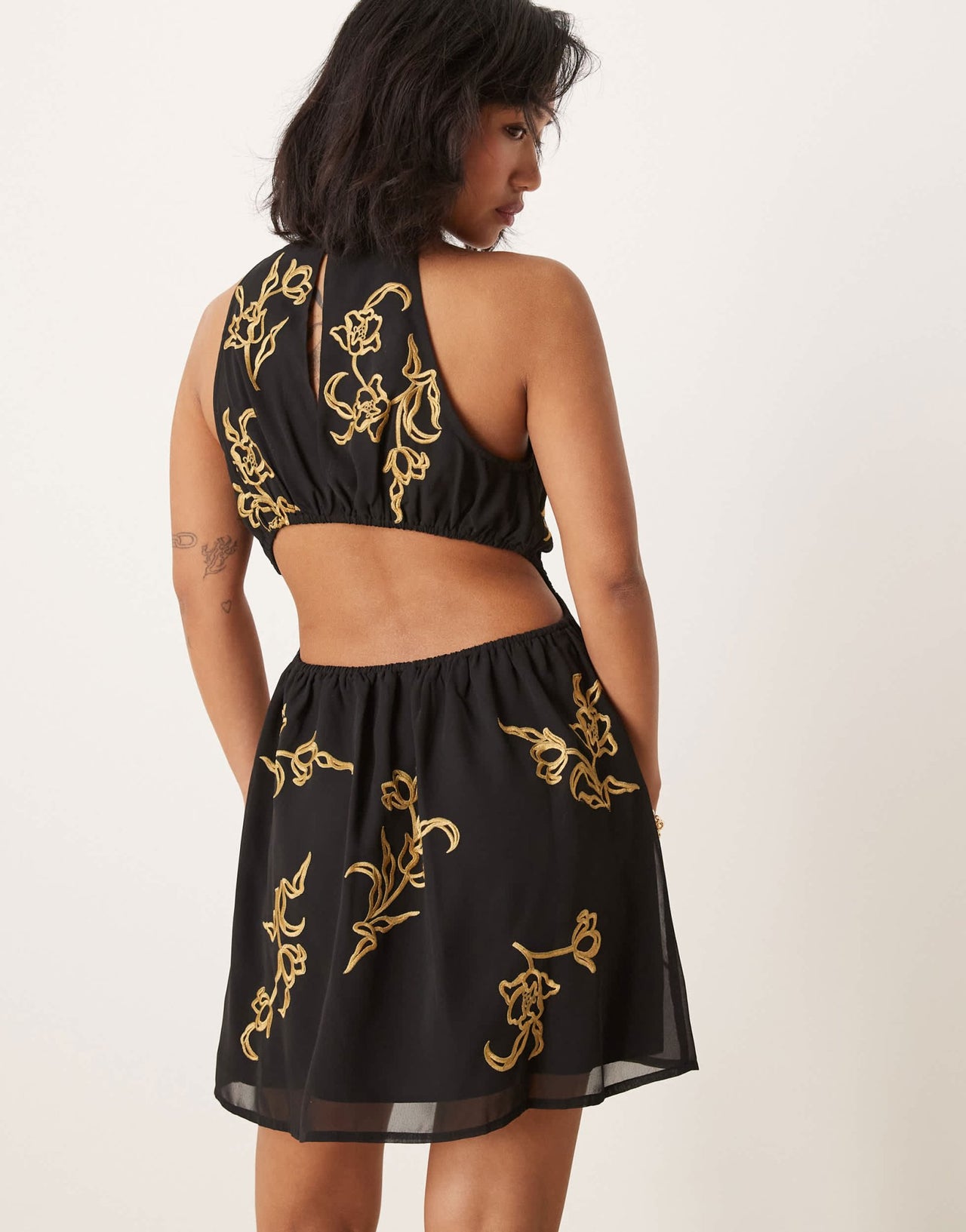 ASOS DESIGN petite all over floral embroidered halter mini dress with open back in black - ASOS Sample Sale