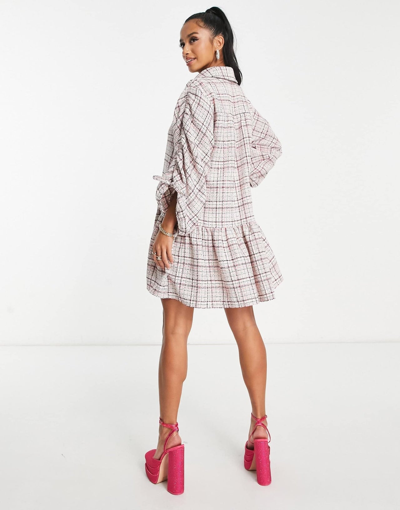 ASOS DESIGN Petite boucle mini smock shirt dress with pephem in cream and pink - ASOS Sample Sale
