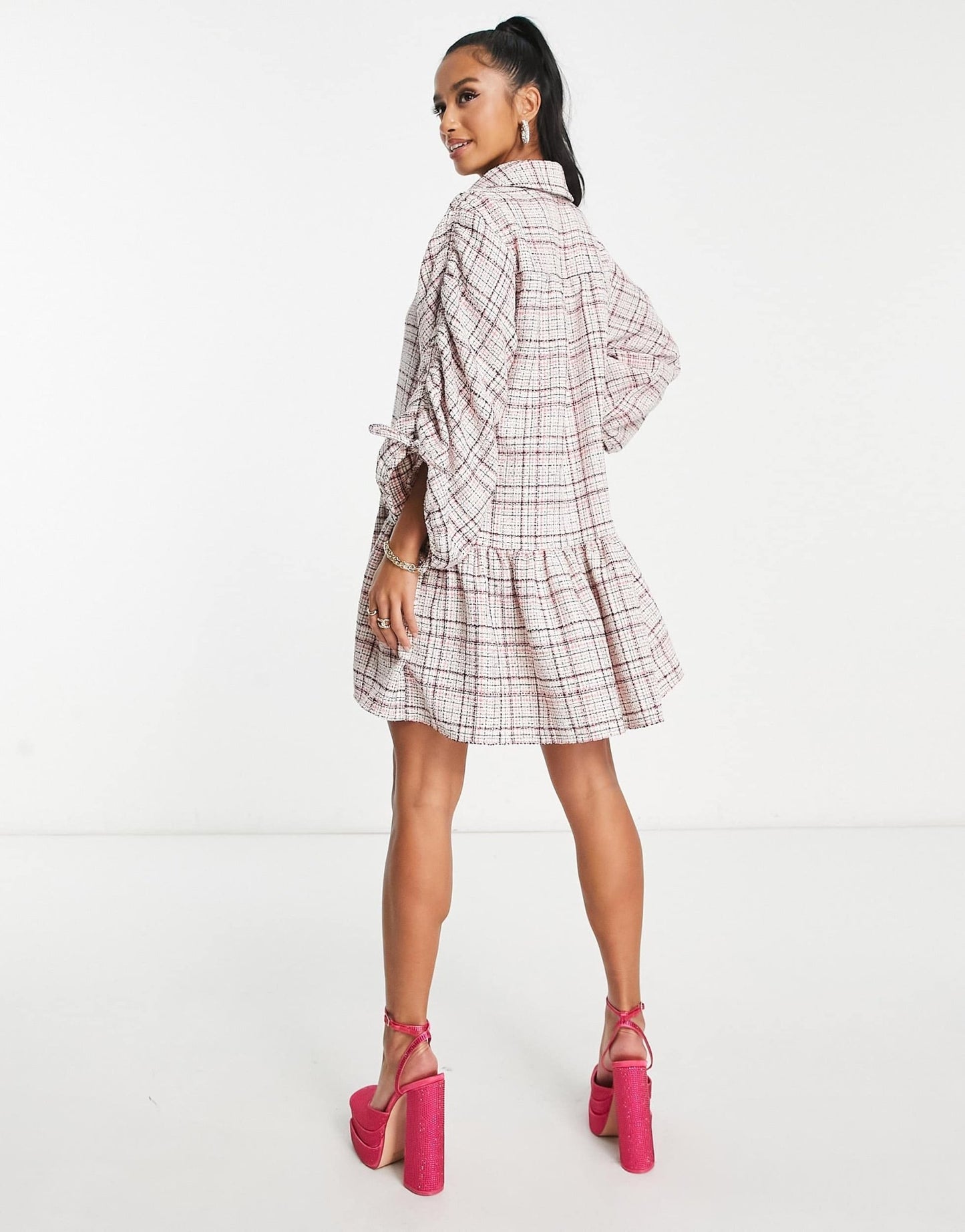 ASOS DESIGN Petite boucle mini smock shirt dress with pephem in cream and pink - ASOS Sample Sale