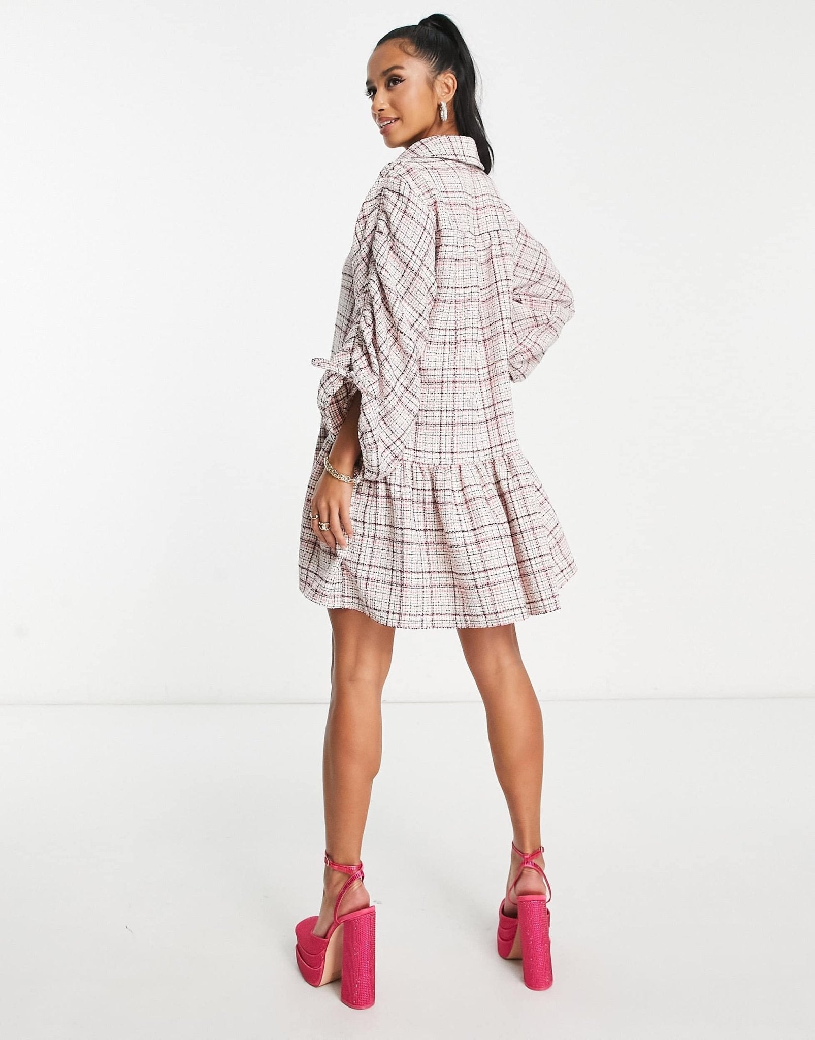 ASOS DESIGN Petite boucle mini smock shirt dress with pephem in cream and pink - ASOS Sample Sale