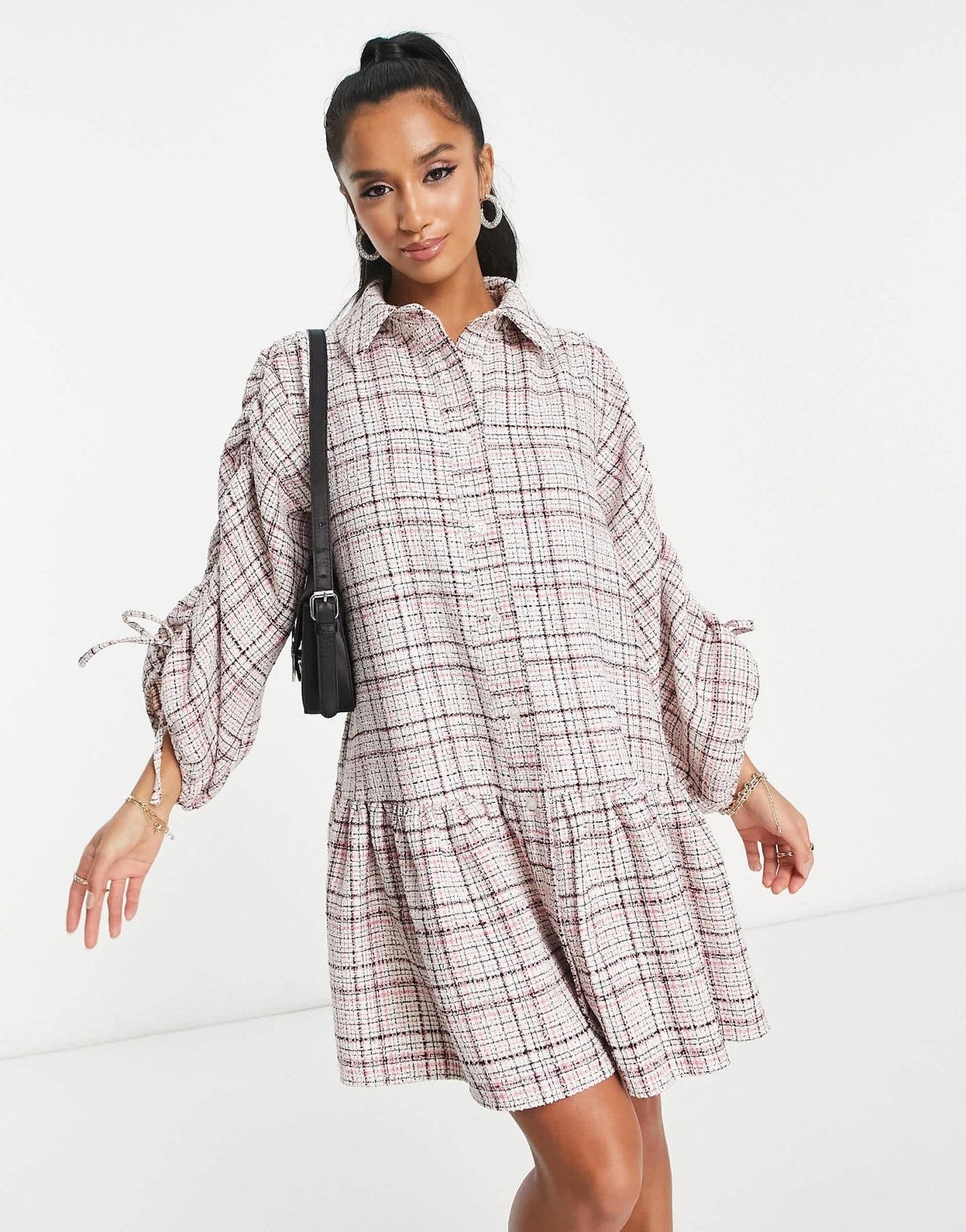 ASOS DESIGN Petite boucle mini smock shirt dress with pephem in cream and pink - ASOS Sample Sale