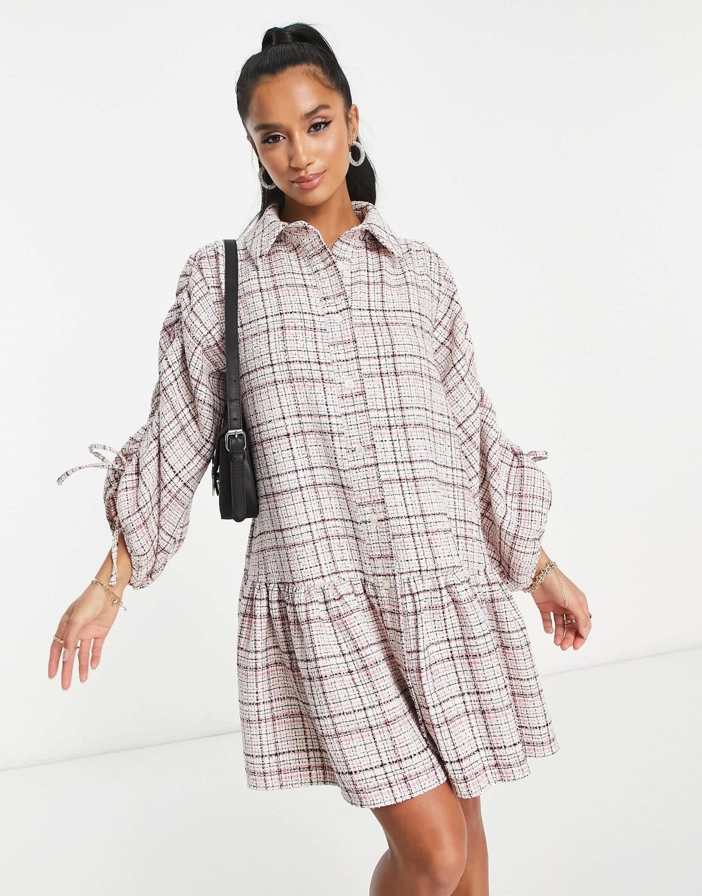 ASOS DESIGN Petite boucle mini smock shirt dress with pephem in cream and pink - ASOS Sample Sale