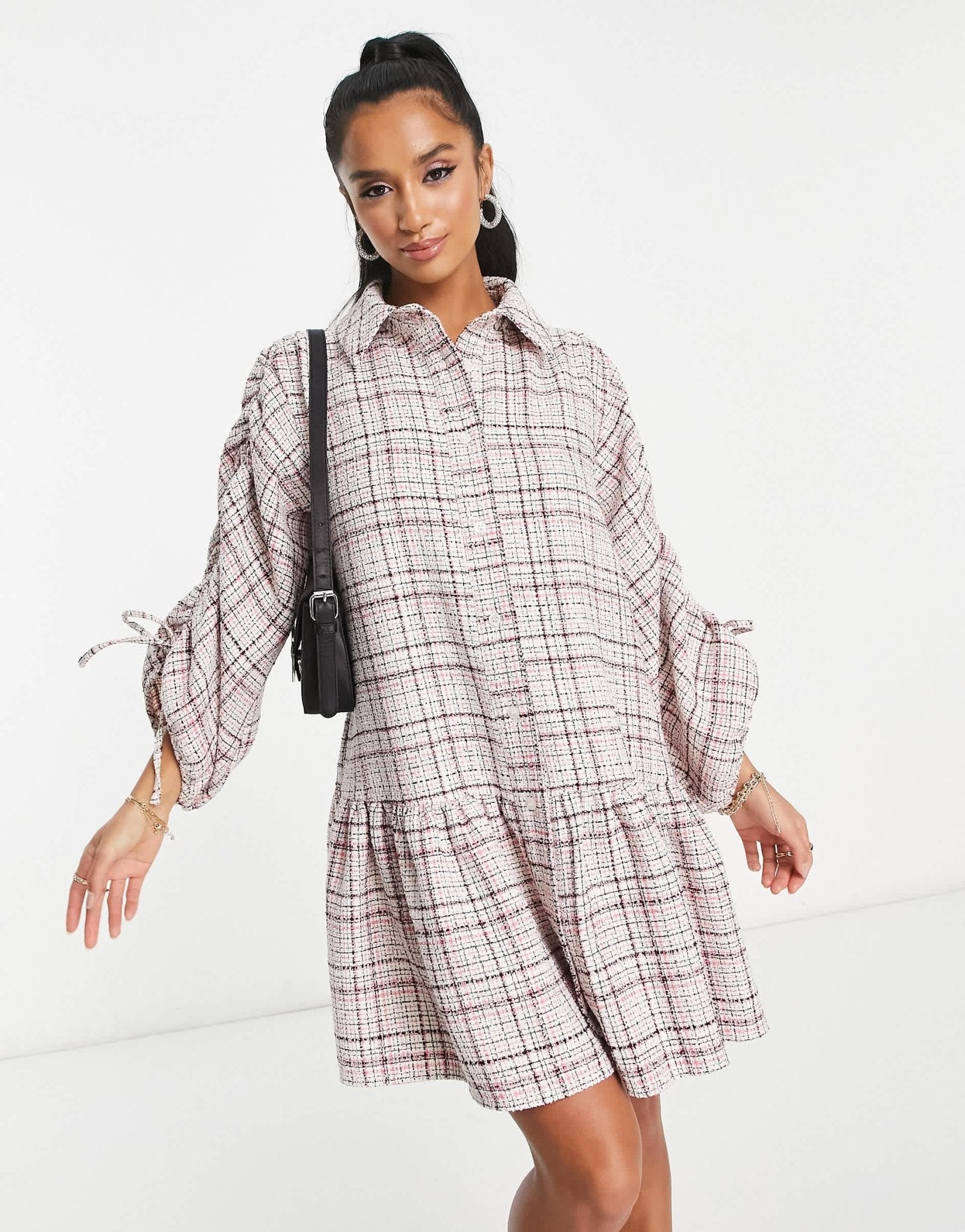 ASOS DESIGN Petite boucle mini smock shirt dress with pephem in cream and pink - ASOS Sample Sale