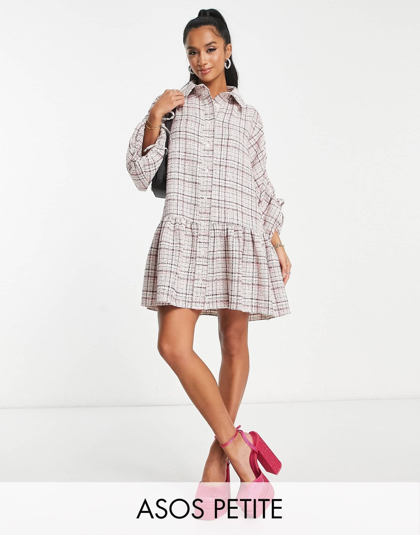 ASOS DESIGN Petite boucle mini smock shirt dress with pephem in cream and pink - ASOS Sample Sale