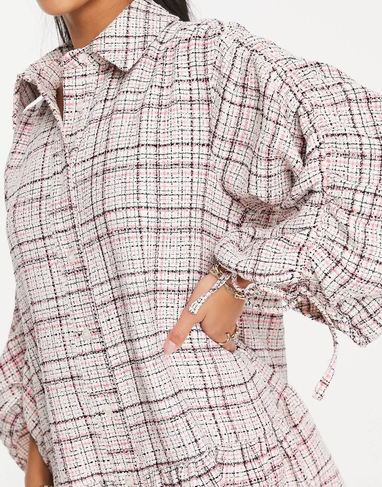 ASOS DESIGN Petite boucle mini smock shirt dress with pephem in cream and pink - ASOS Sample Sale