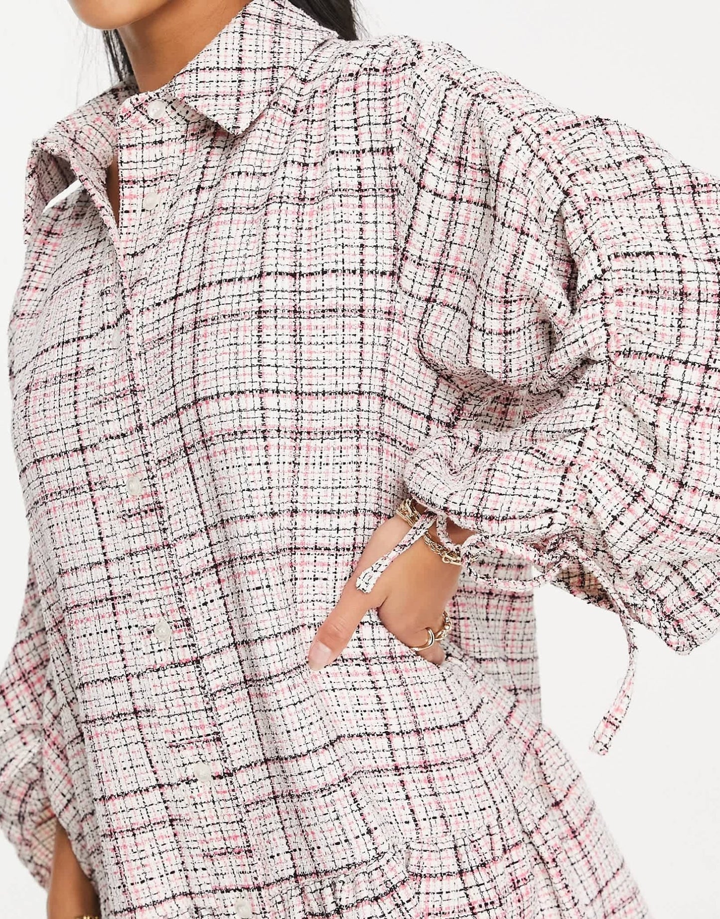 ASOS DESIGN Petite boucle mini smock shirt dress with pephem in cream and pink - ASOS Sample Sale