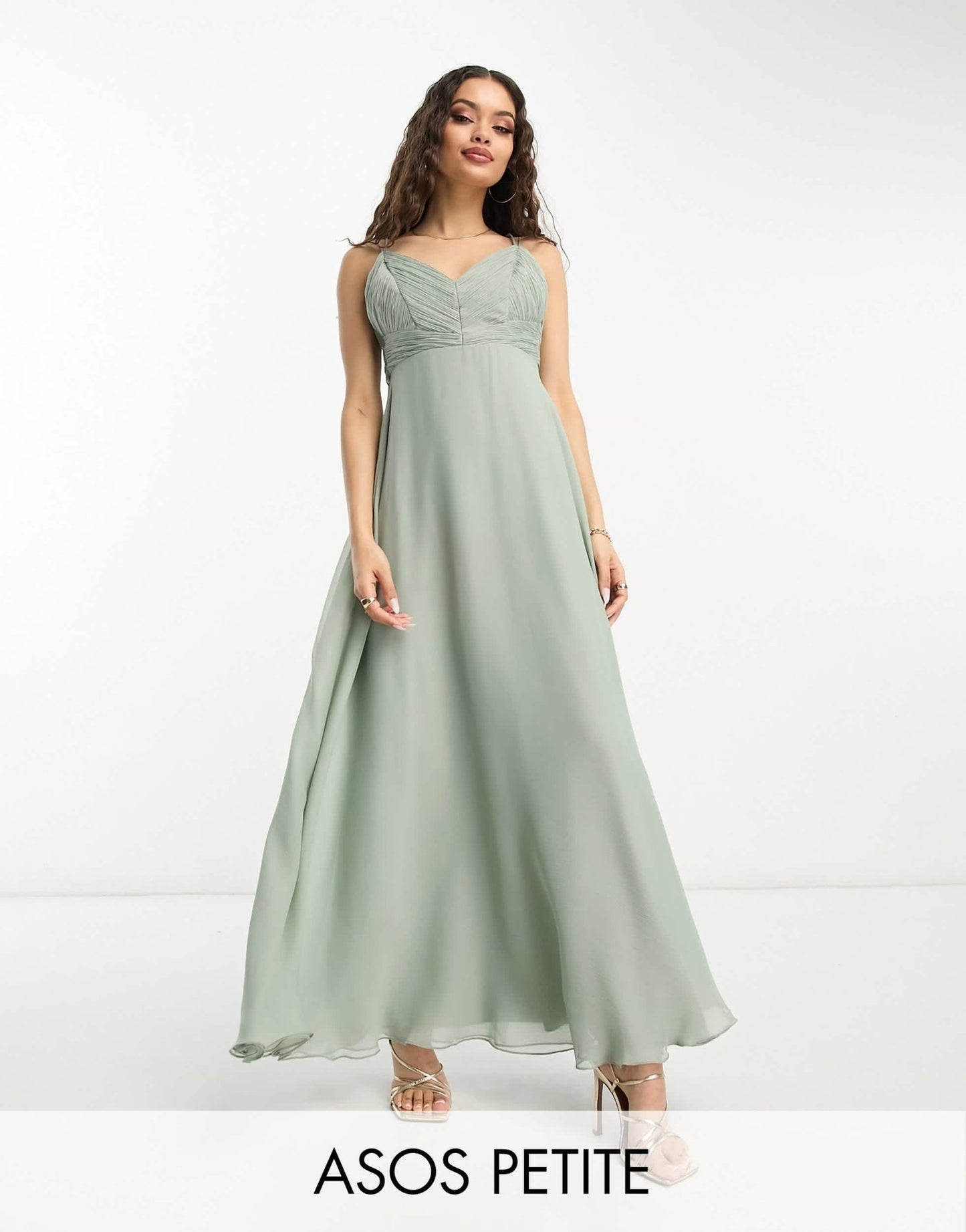 ASOS DESIGN petite bridesmaid cami maxi dress with ruched bodice and tie waist in olive - ASOS Sample Sale