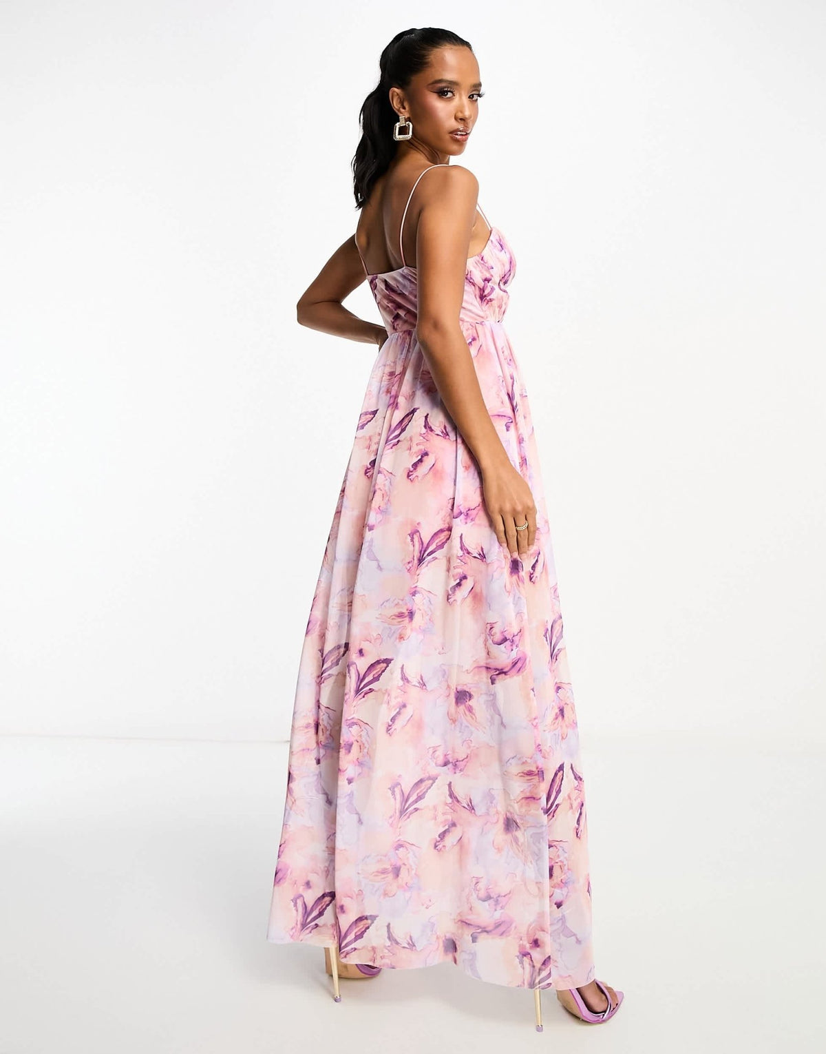 ASOS DESIGN Petite cami mesh maxi dress with sash in pink smudge print - ASOS Sample Sale