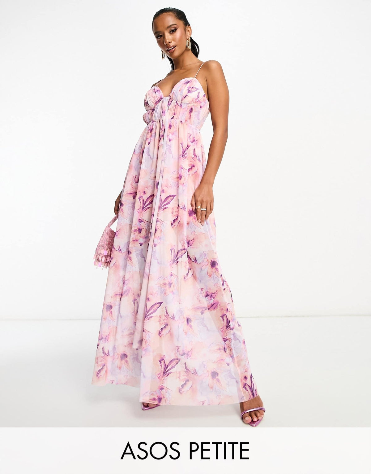 ASOS DESIGN Petite cami mesh maxi dress with sash in pink smudge print - ASOS Sample Sale