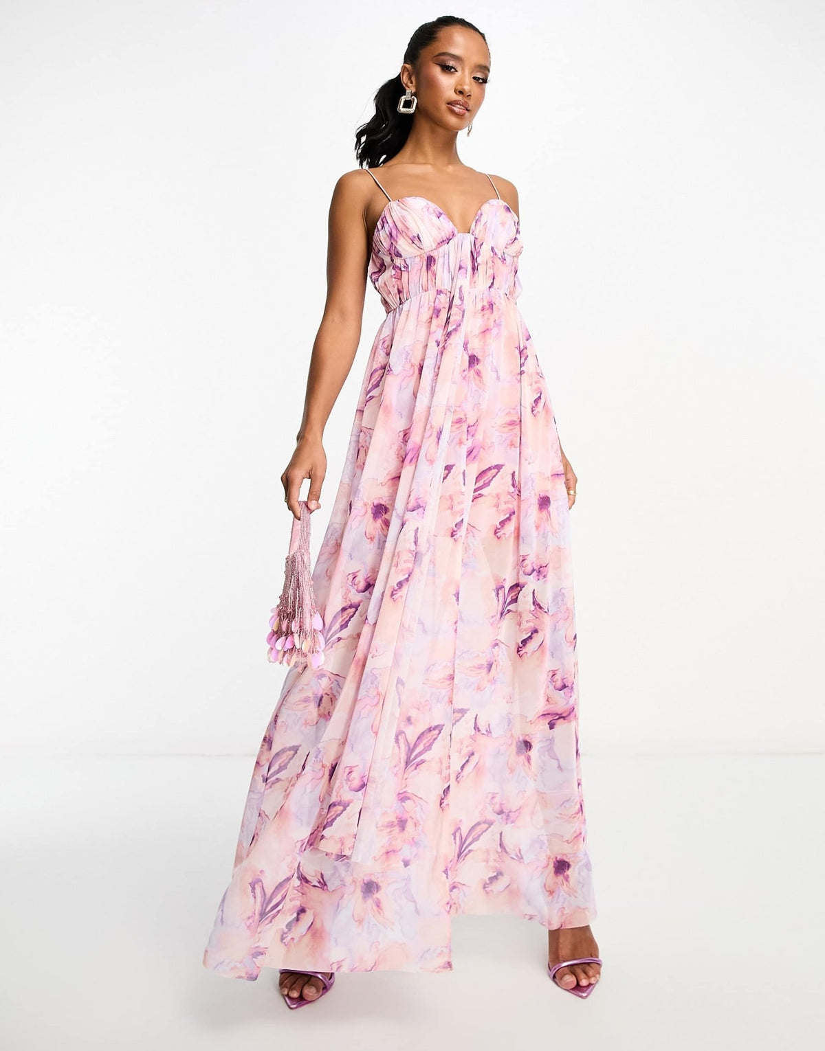 ASOS DESIGN Petite cami mesh maxi dress with sash in pink smudge print - ASOS Sample Sale