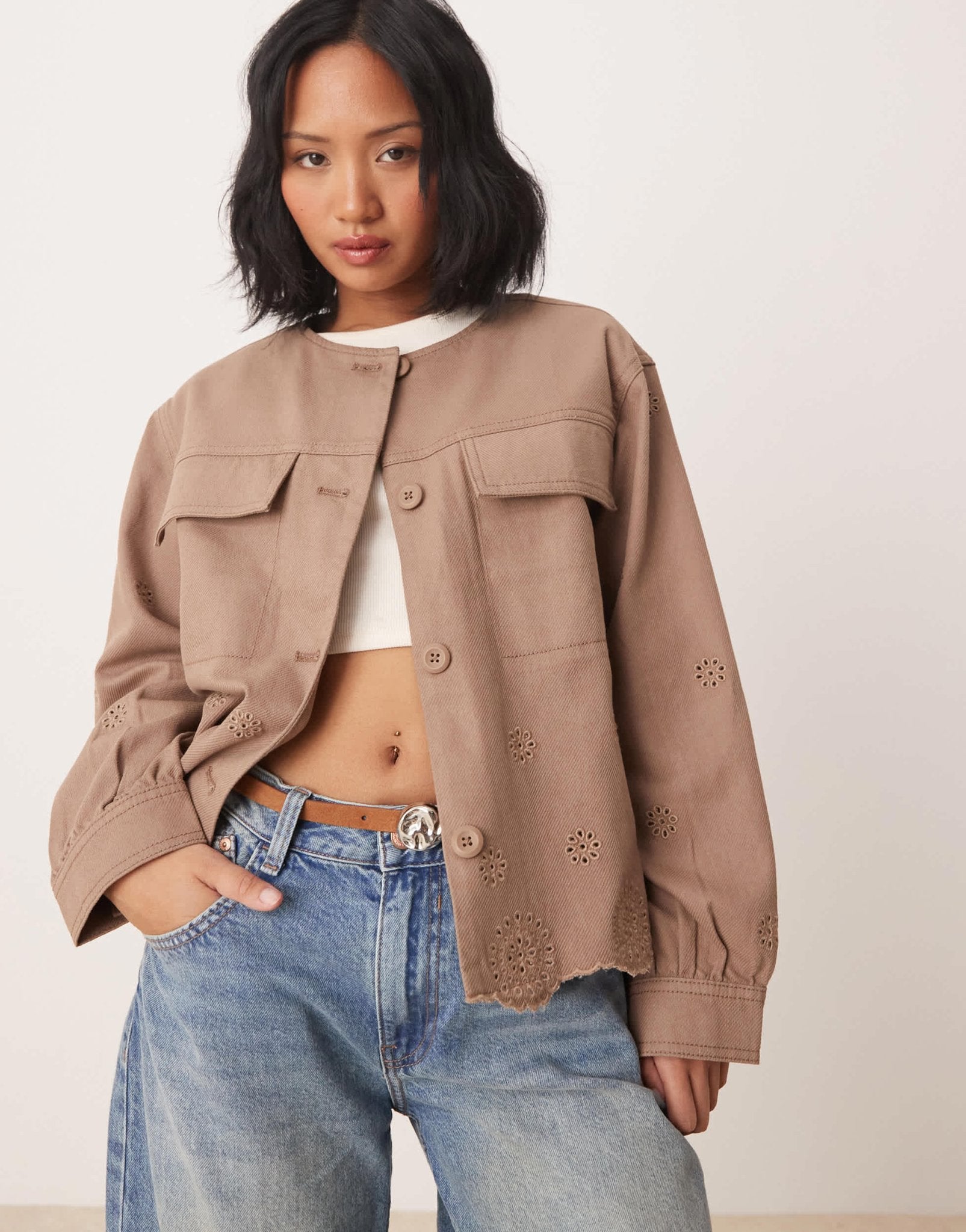 ASOS DESIGN Petite collarless twill broderie jacket in mushroom - ASOS Sample Sale