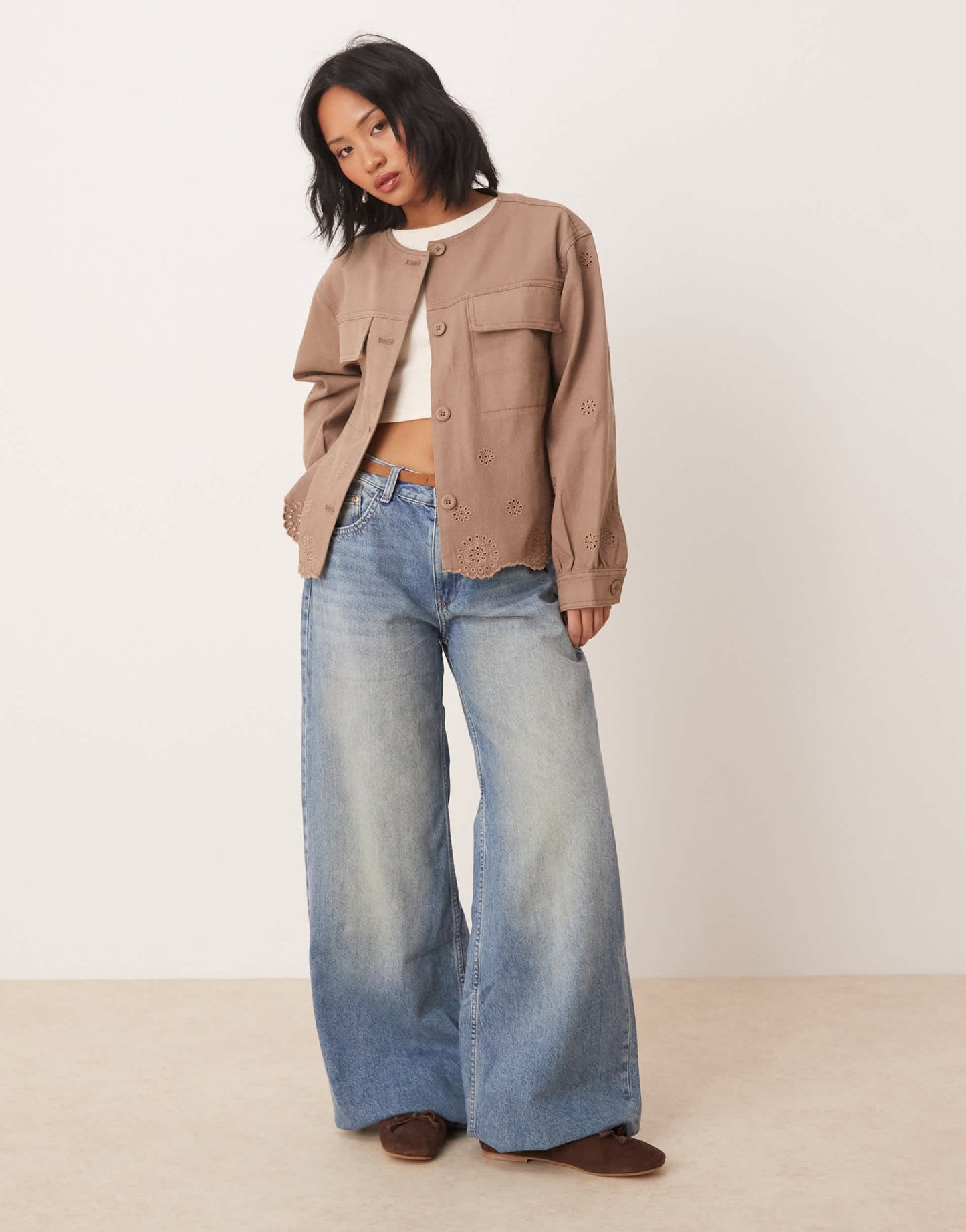 ASOS DESIGN Petite collarless twill broderie jacket in mushroom - ASOS Sample Sale