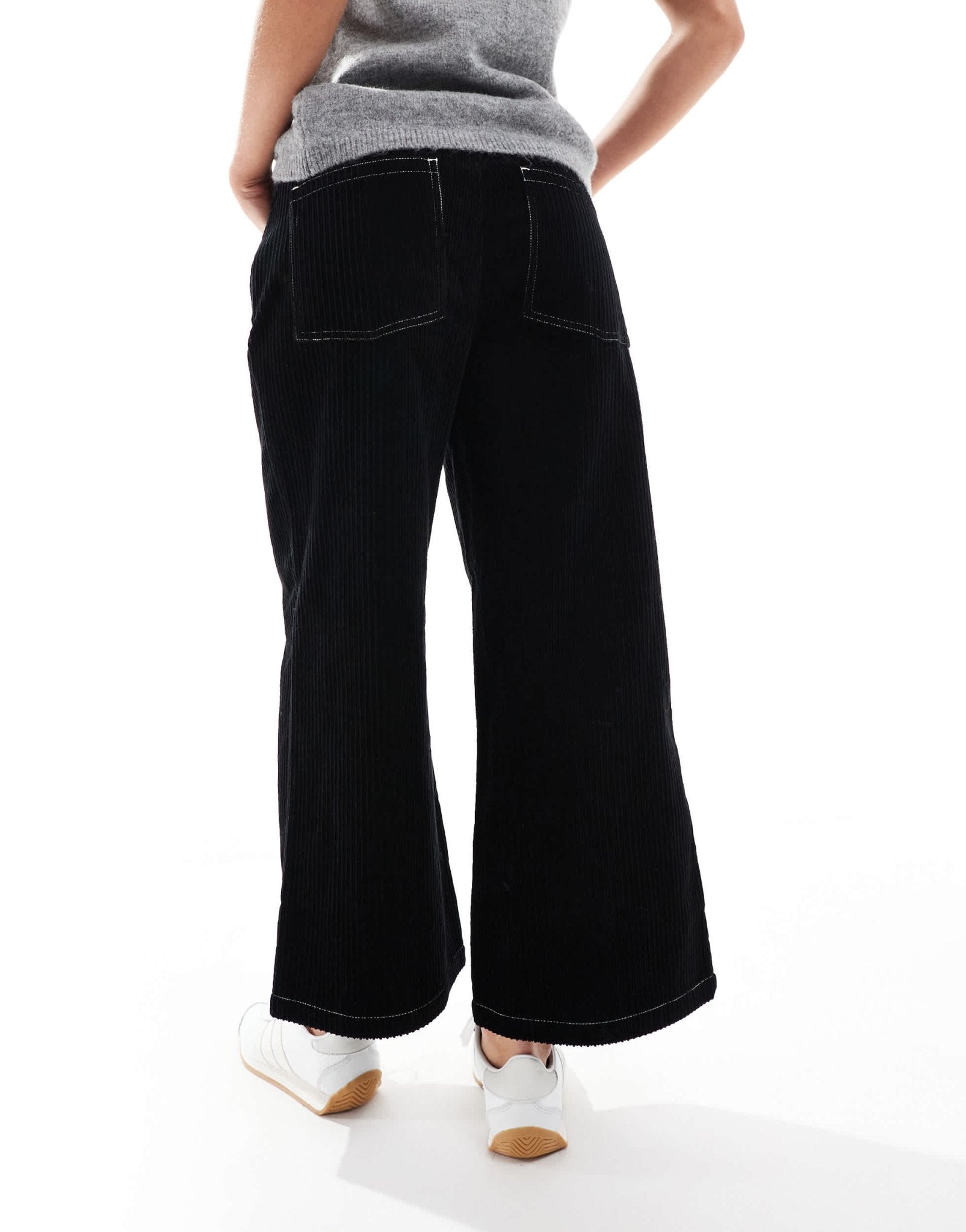 ASOS DESIGN Petite cord cropped wide leg trouser with contrast stitch in black - ASOS Sample Sale