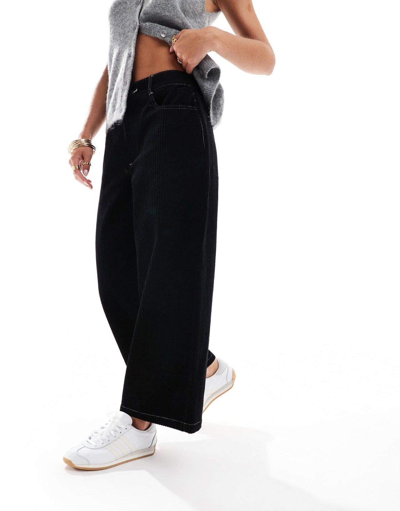 ASOS DESIGN Petite cord cropped wide leg trouser with contrast stitch in black - ASOS Sample Sale