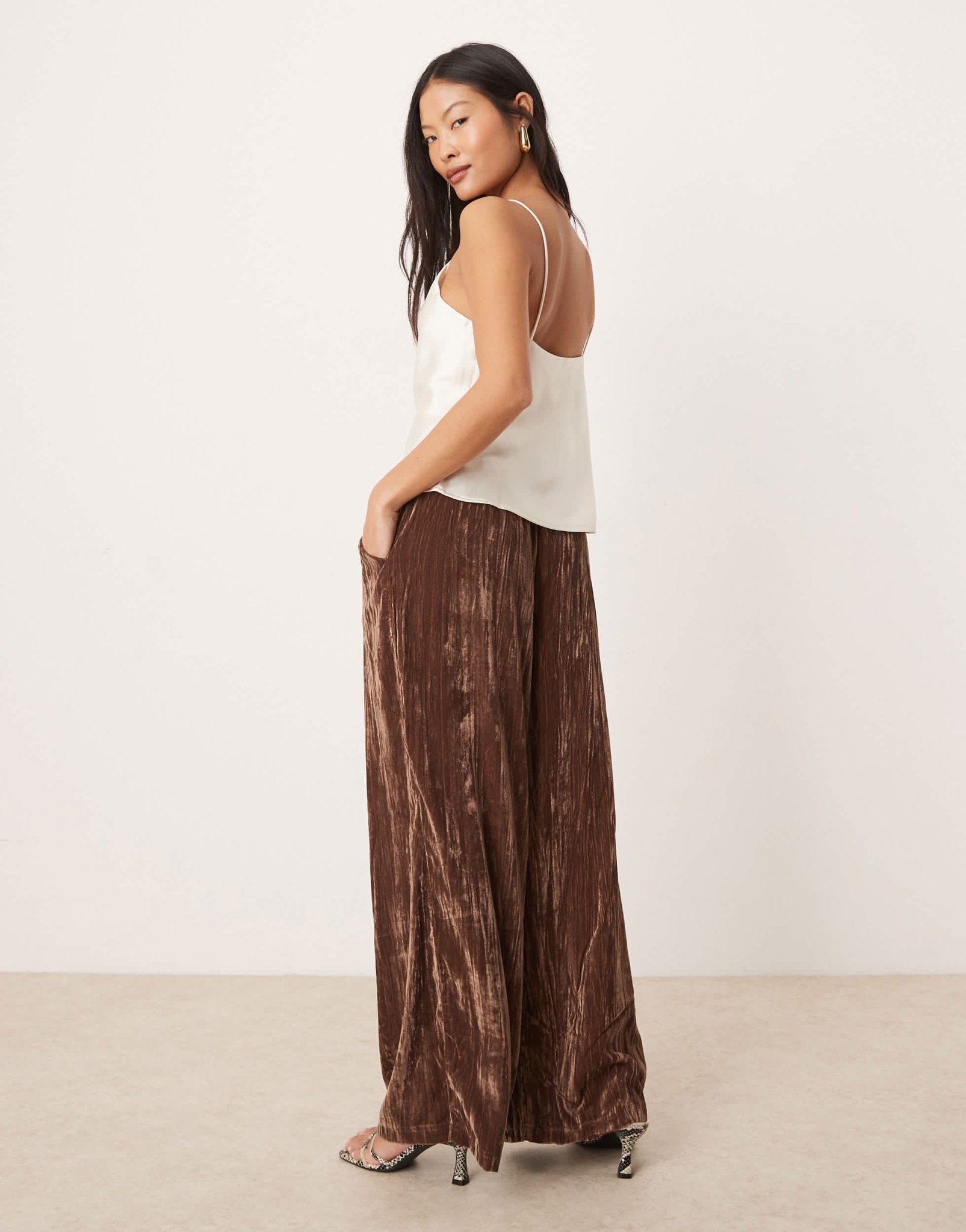 ASOS DESIGN Petite crinkle velvet pull on trousers in chocolate - ASOS Sample Sale