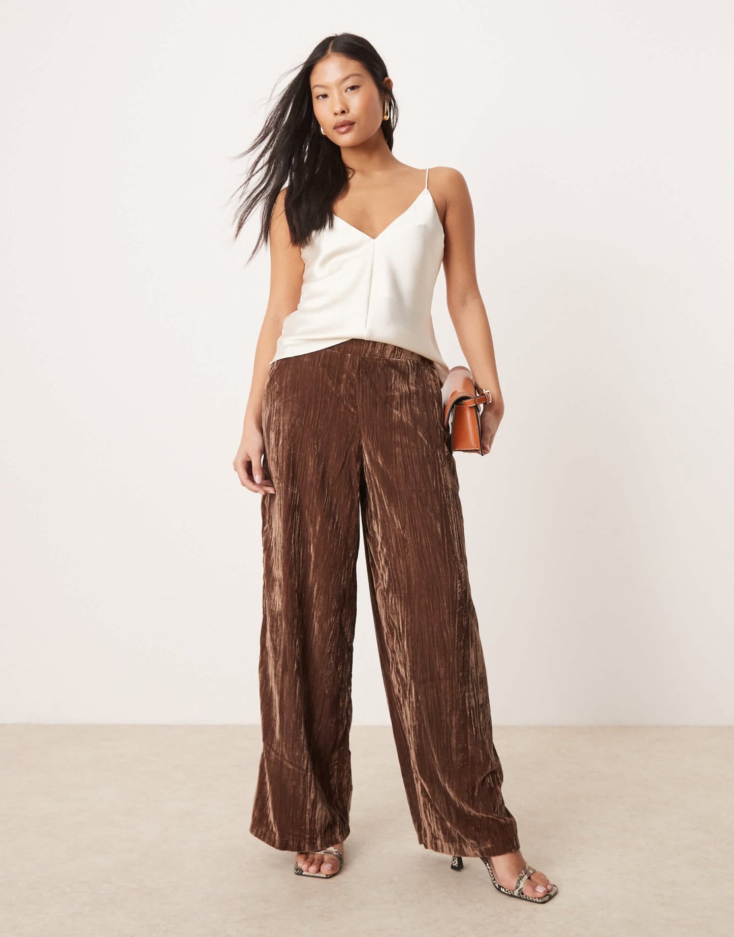 ASOS DESIGN Petite crinkle velvet pull on trousers in chocolate - ASOS Sample Sale