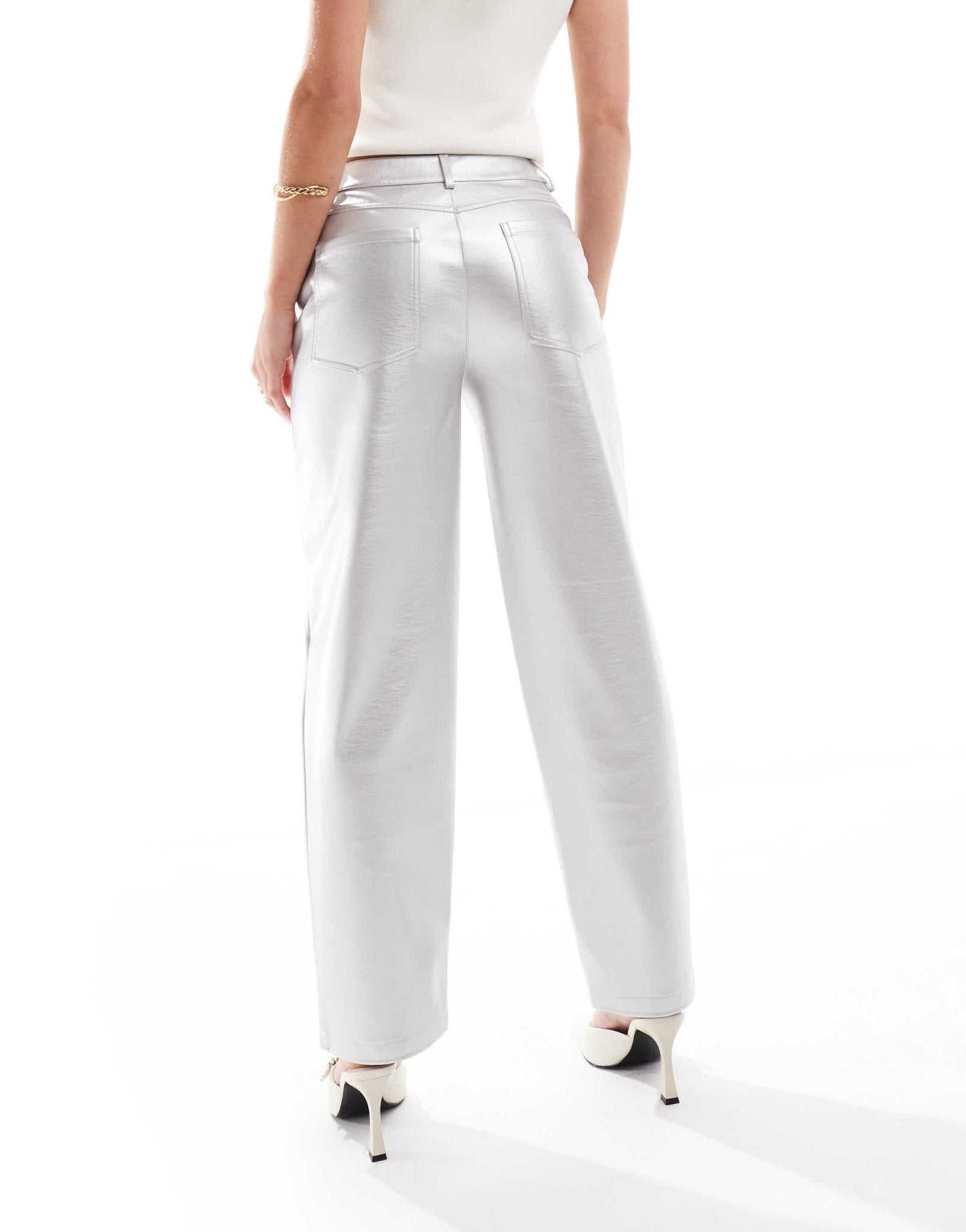 ASOS DESIGN Petite faux leather straight leg trousers in silver - ASOS Sample Sale